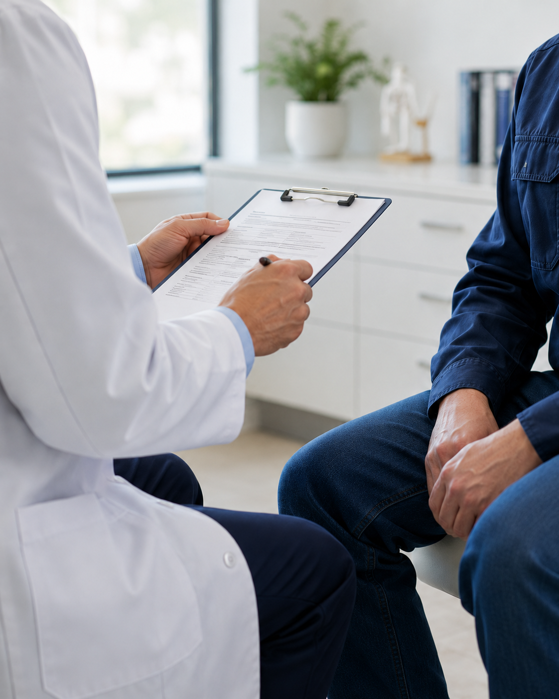 Doctor in white coat holding a clipboard with a form, sitting with a patient in blue shirt inside a bright medical office.