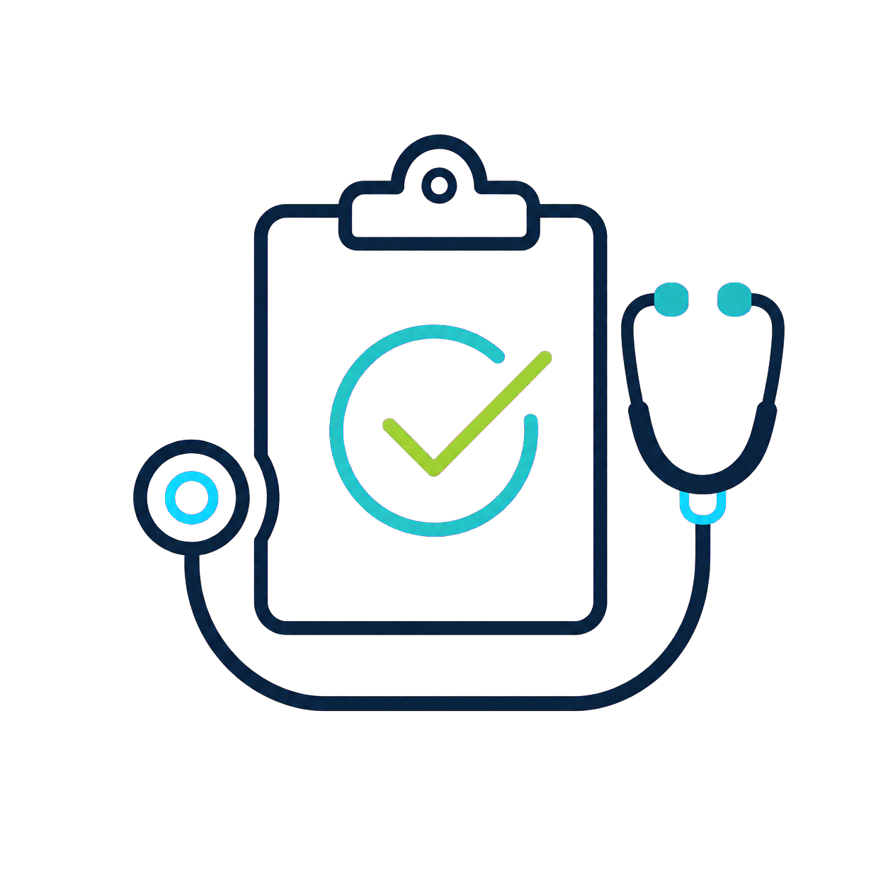 Neon-style medical icons including a clipboard with a checkmark, stethoscope, and magnifying glass.