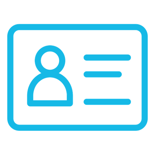 Icon of a name badge or identification card with a user silhouette and lines representing text.