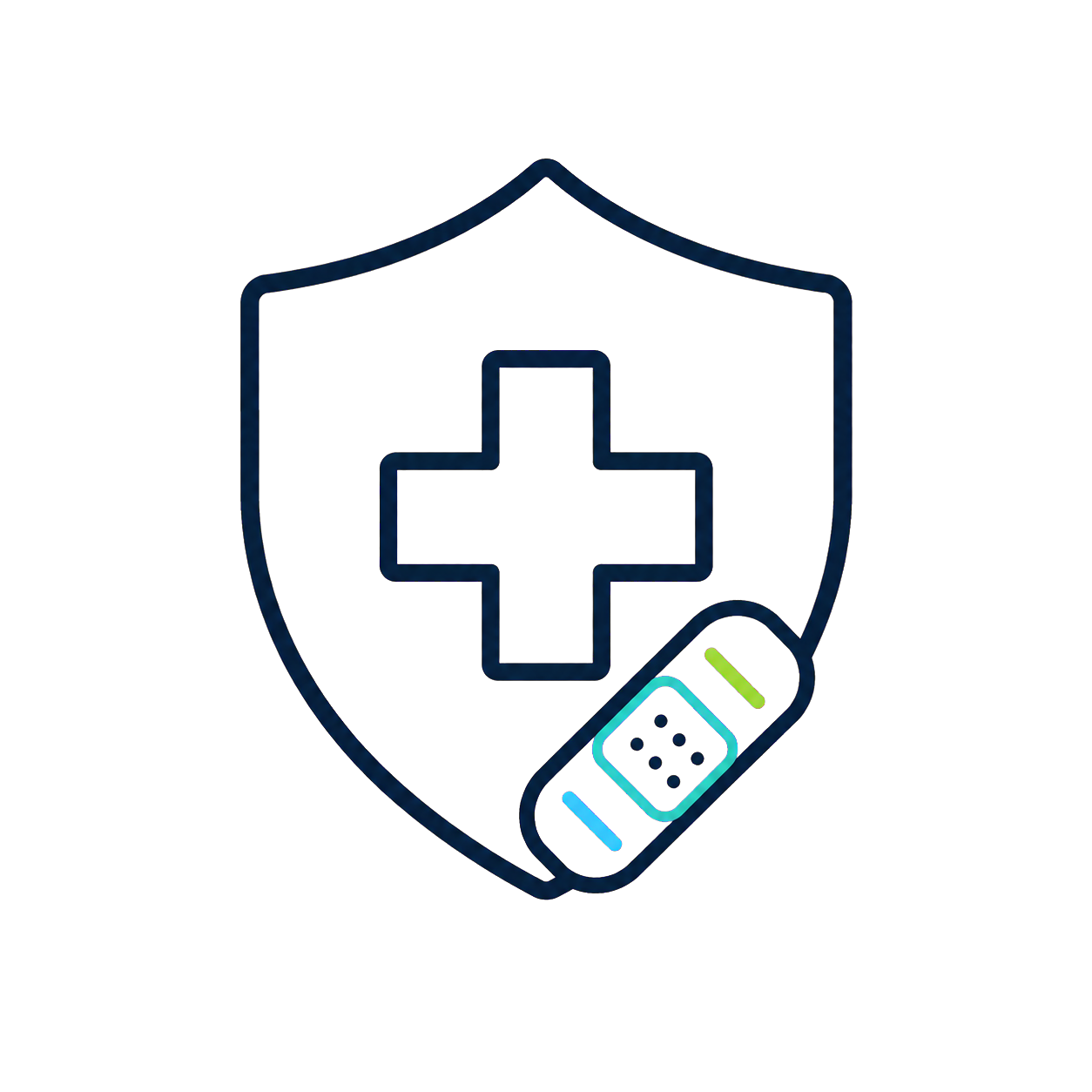 A neon digital illustration of a shield with a medical cross symbol in the center, accompanied by a gaming controller at the bottom right corner.