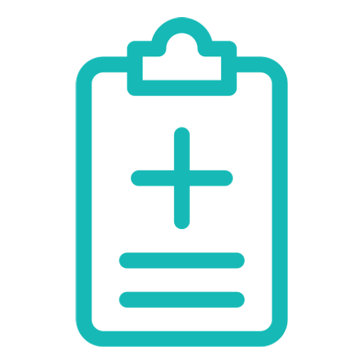 Icon of a medical clipboard with a plus sign and lines representing text.