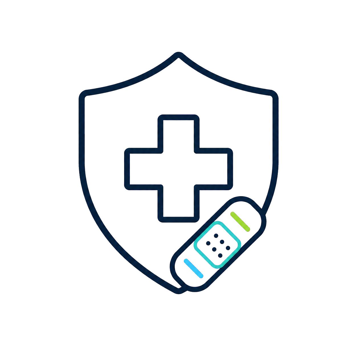 Neon outline of a shield with a medical cross in the center and a game controller overlay at the bottom right.