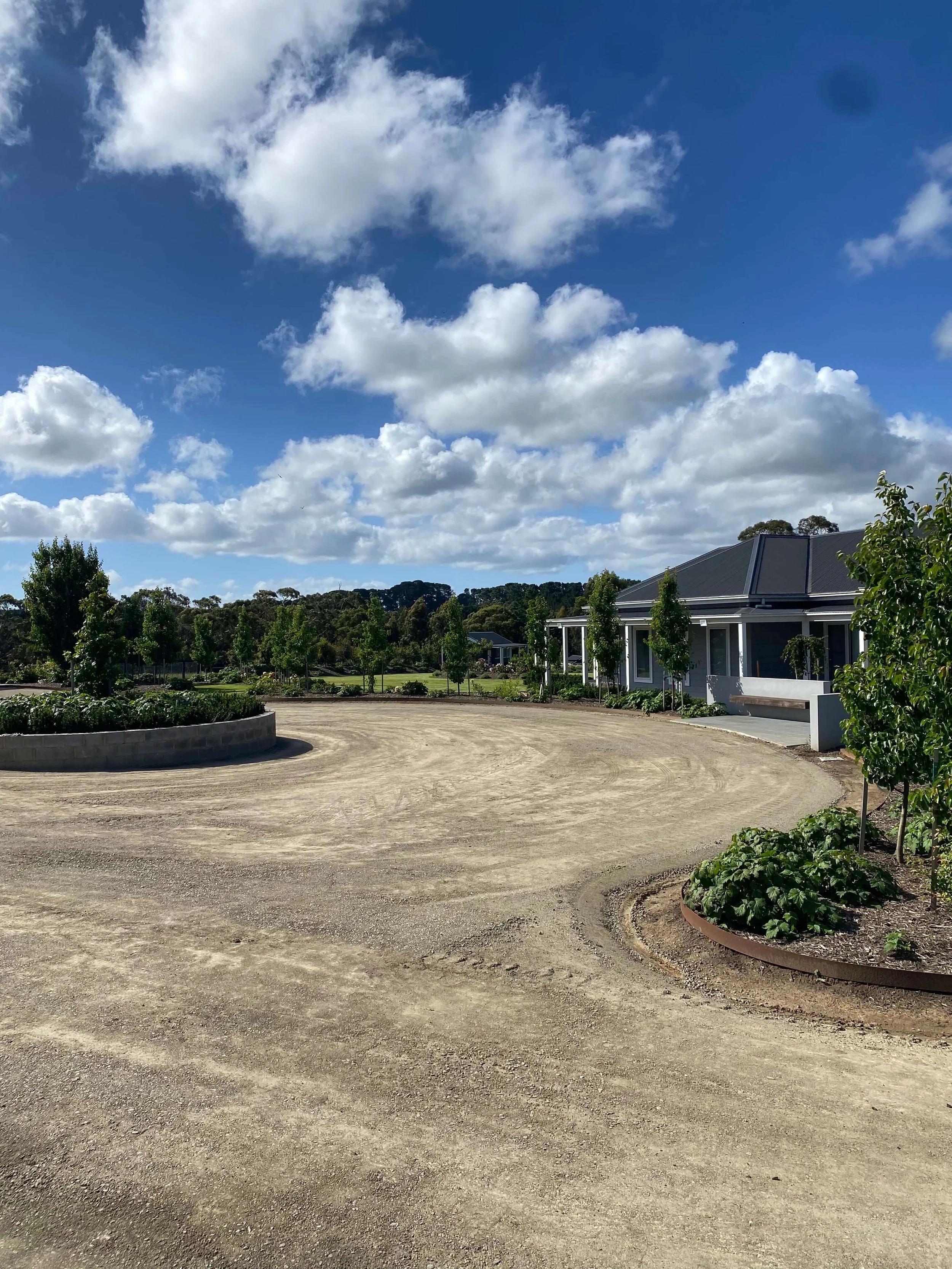 Outdoor scene with a dirt driveway, trees, and a house with a metal roof under a partly cloudy sky.