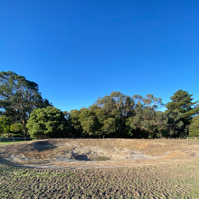 Empty pond or excavation site in a park with green trees and a clear blue sky.