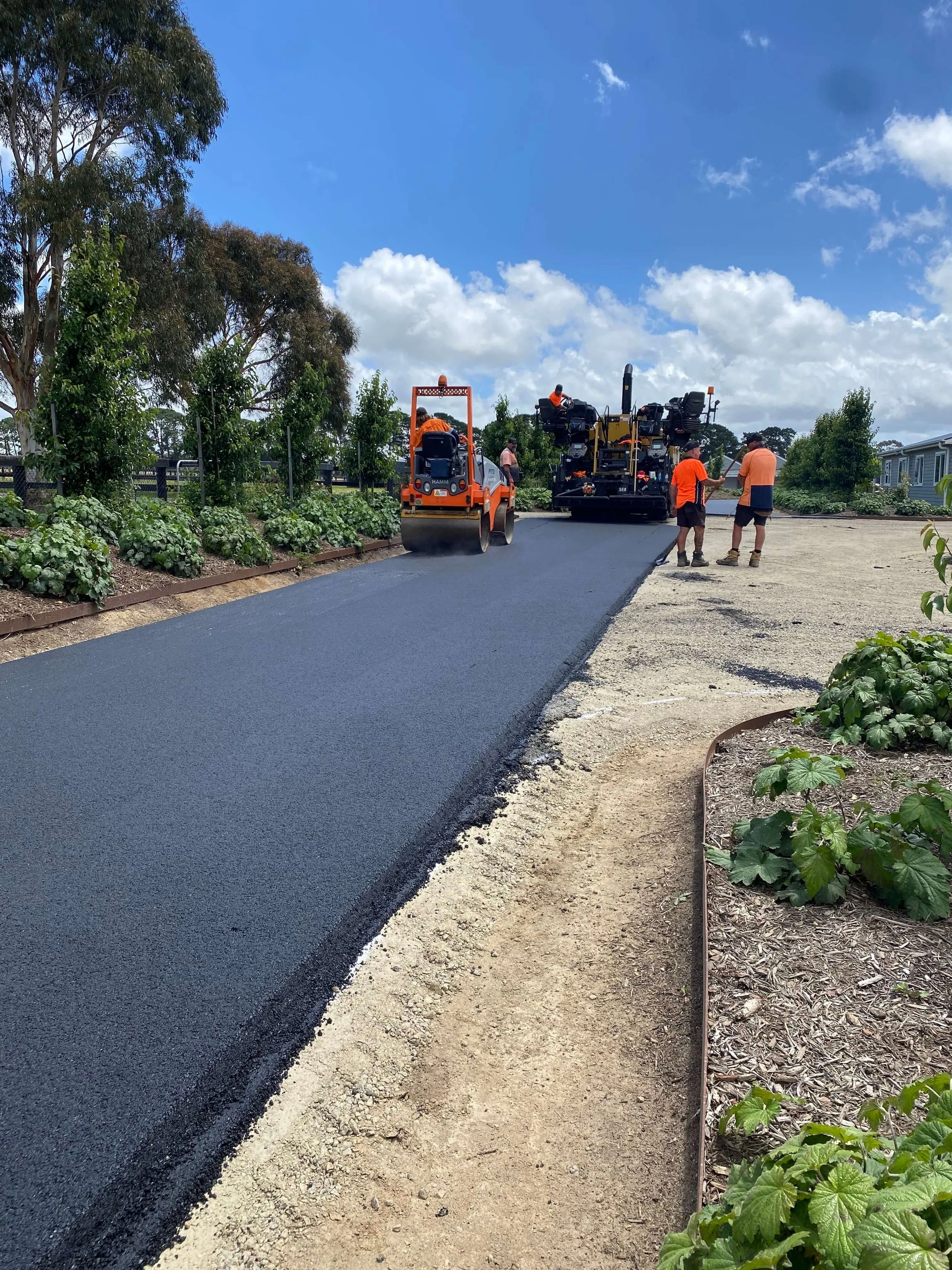 Construction workers paving a road in a sunny outdoor area with trees and residential houses nearby.