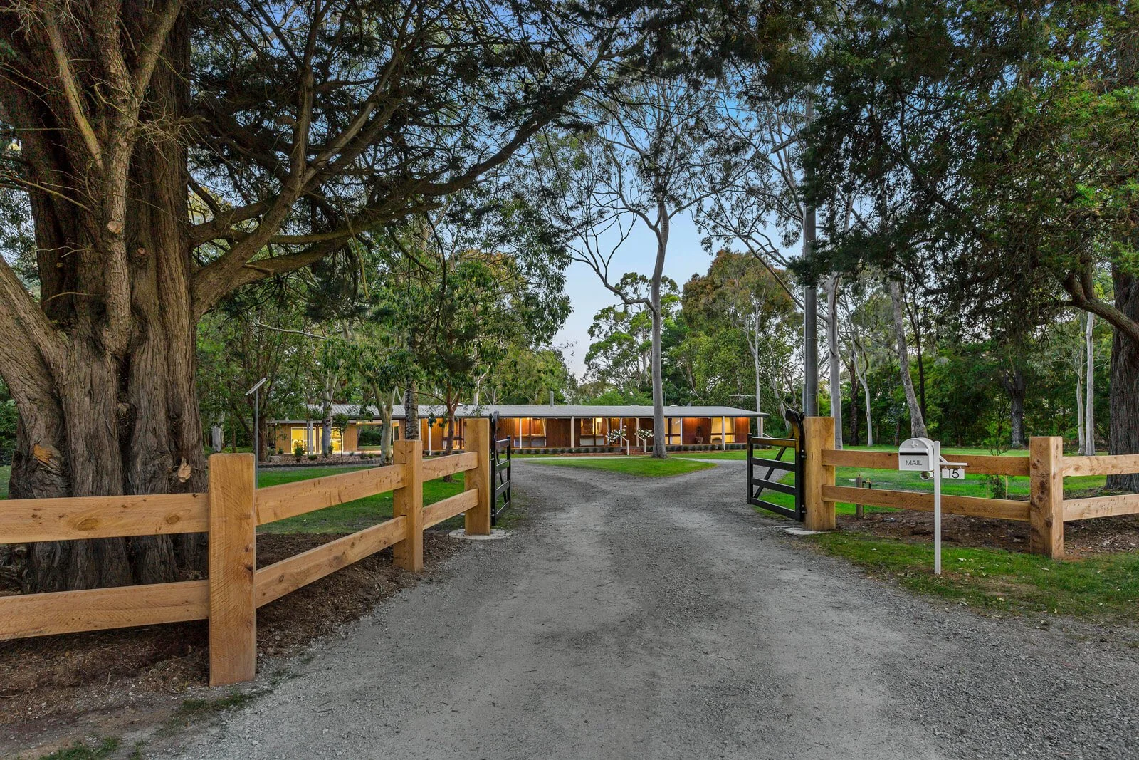 New gravel driveway with new fencing on lifestyle property surrounded by large trees. Driveway leads to home, lit at dusk.