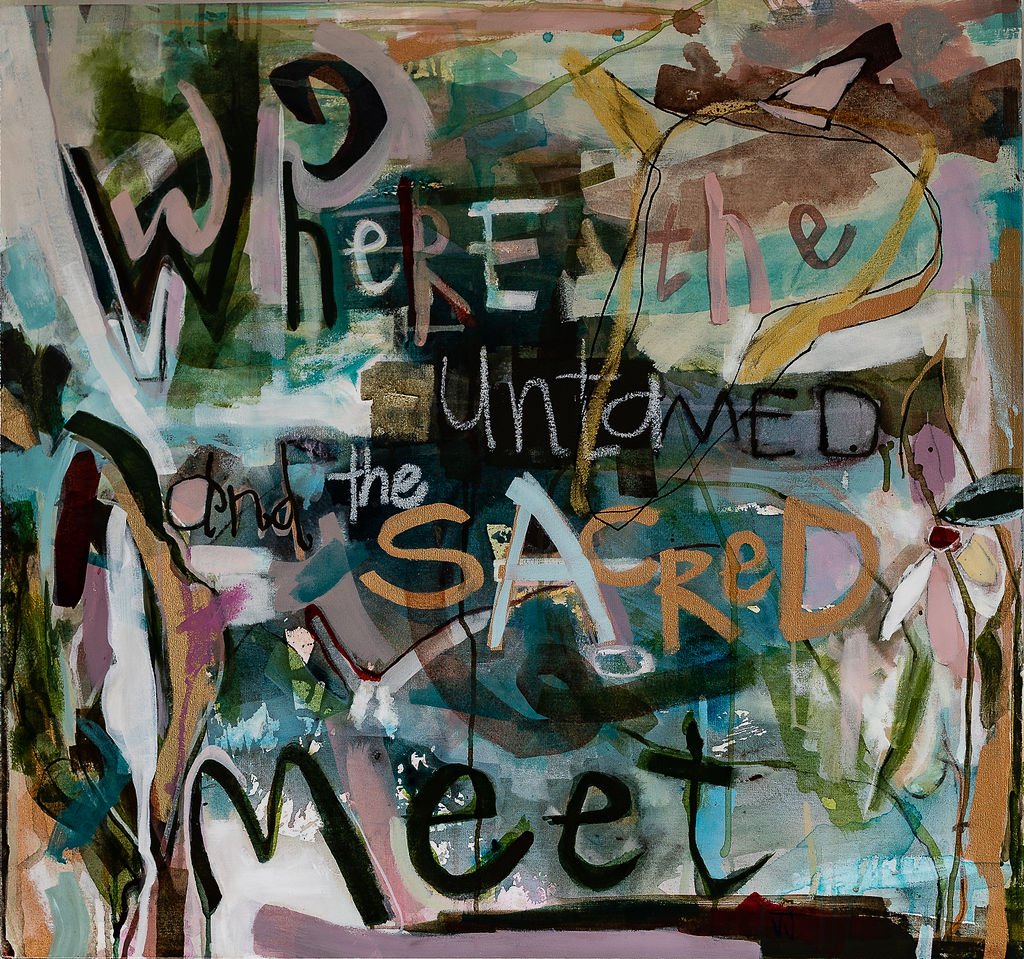 WHERE THE UNTAMED AND THE SACRED MEET. 885 X 930. FRAMED. ACRYLIC & CHARCOAL ON CANVAS. AVAILABLE LITTLE RIVER GALLERY.