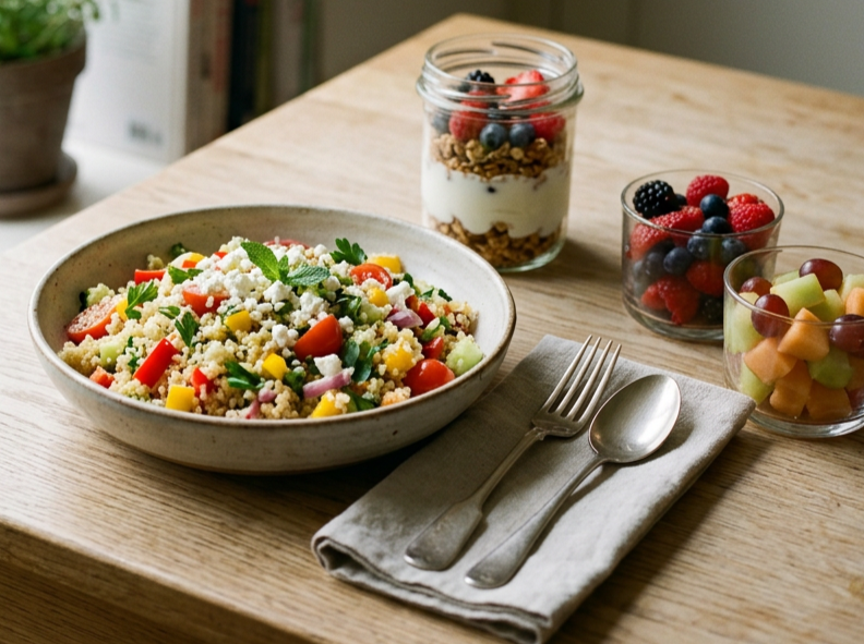 A bowl of couscous salad with chopped vegetables, garnished with herbs, on a wooden table. Surrounding it are three bowls of mixed berries and melon fruit salad, and a jar of yogurt parfait topped with berries. A fork and spoon rest on a cloth napkin next to the bowl.
