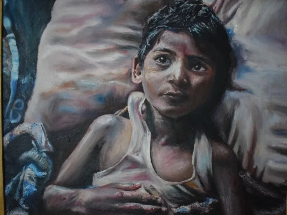 A painting of a young boy lying on a bed with a serious expression, dark hair, and wearing a sleeveless shirt.