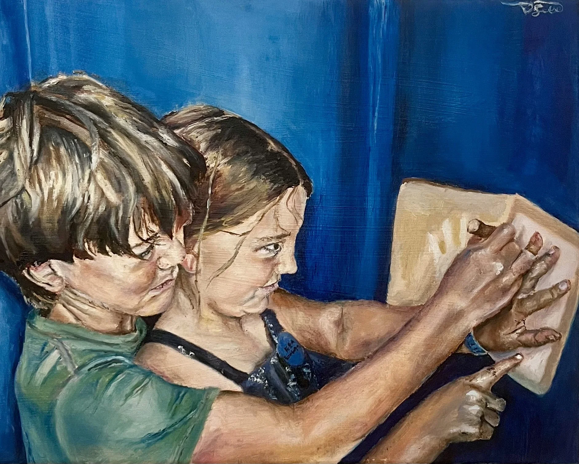 A detailed painting of two children, sister and brother. A family commission by Estella Brasier Art.