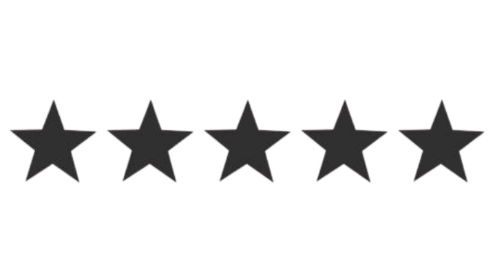 Five black stars in a row on a white background.