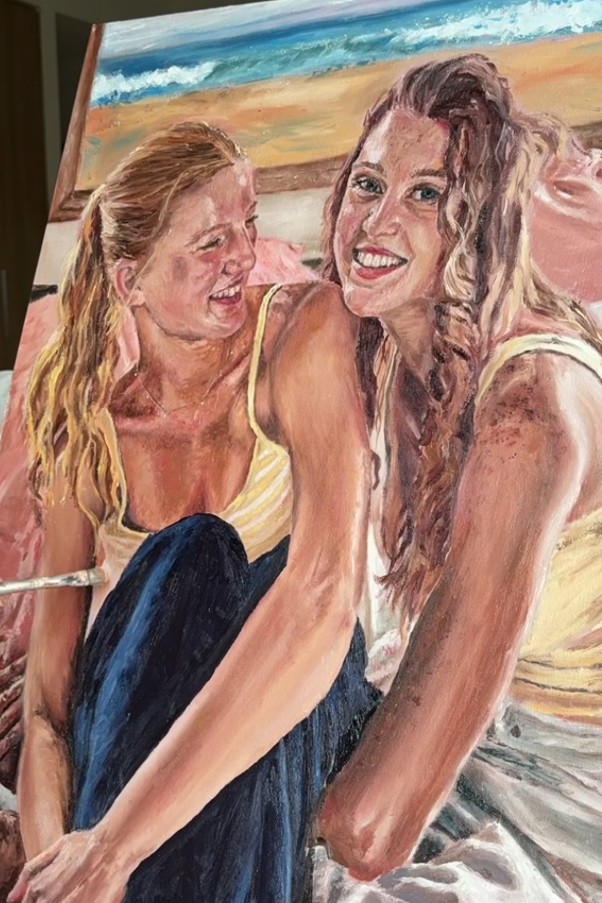 A detailed realism portrait of two sisters in a bedroom.