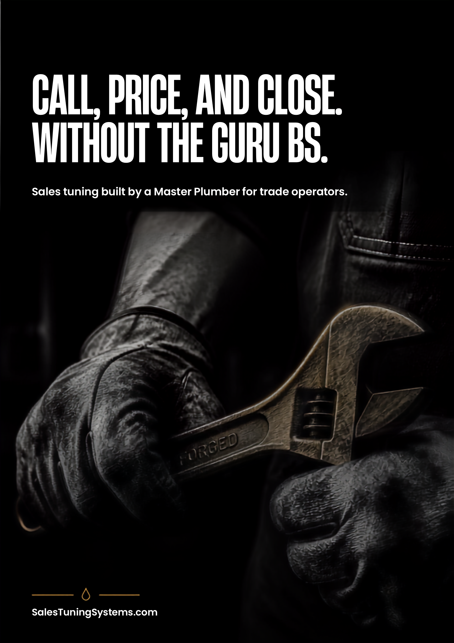 Close-up of a mechanic's gloved hand holding a metallic wrench with the word 'FORGED' engraved on it, dark background with faint automotive tools.