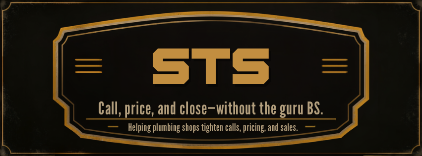 Black and gold sign with STS logo and tagline about helping plumbing shops with calls, pricing, and sales.