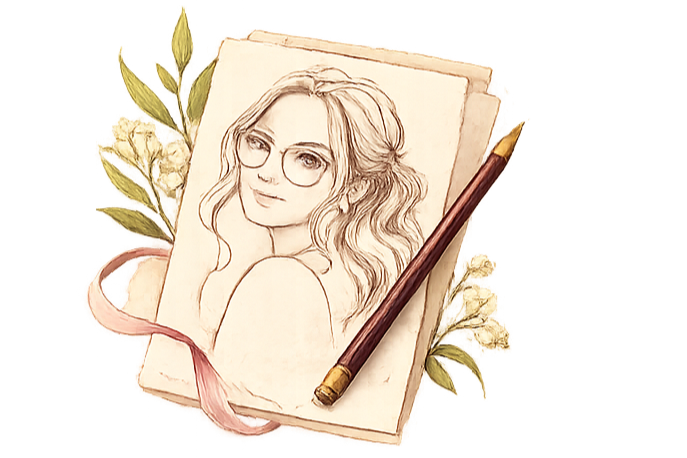 A sketch of a woman with wavy hair and glasses on a piece of paper, surrounded by flowers and leaves, with a pencil resting on the paper.