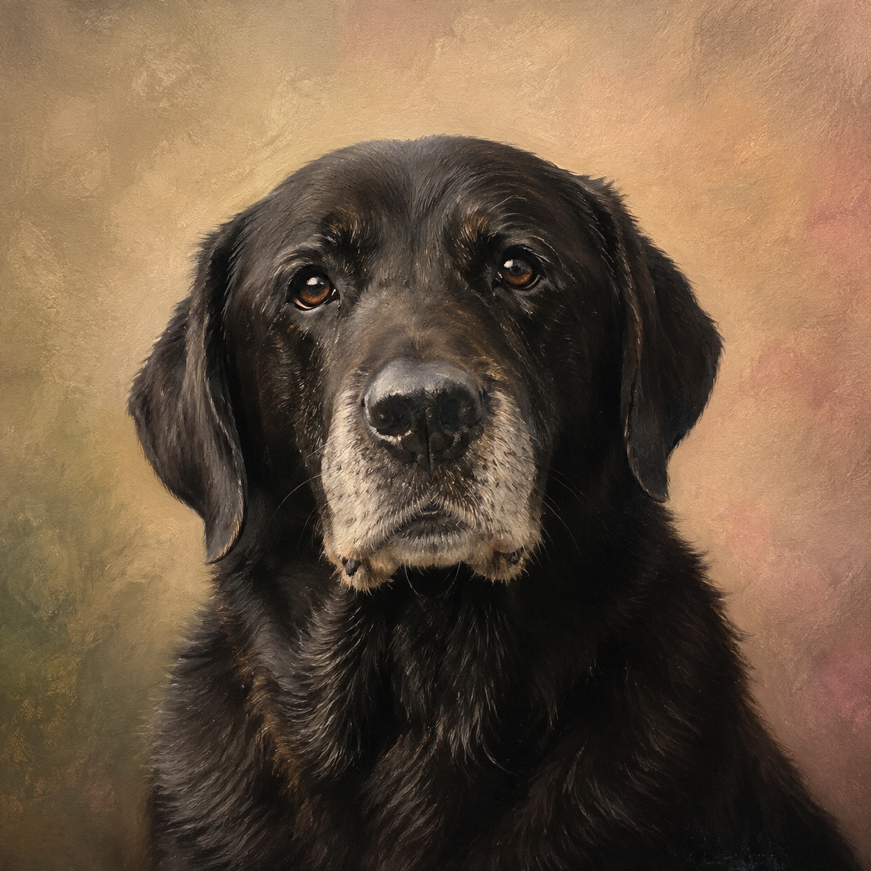 Portrait of a black Labrador Retriever dog with a gray muzzle, looking directly at the camera against a textured, muted background.