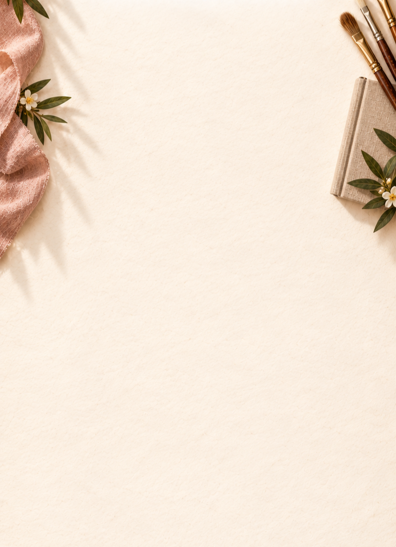 Flat lay of art supplies, including brushes, a notebook, and decorative flowers with leaves on a light cream background, with pink fabric and small white flowers on the left.