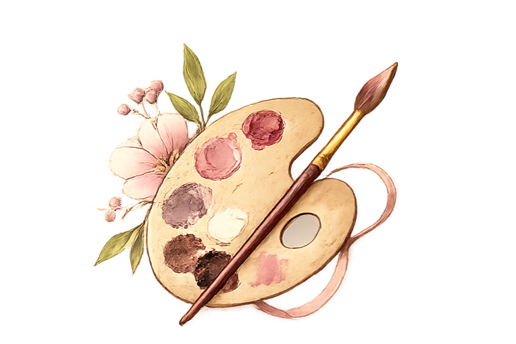 Watercolor artist's palette with various paint colors, a paintbrush, and pink flowers and green leaves in the background.