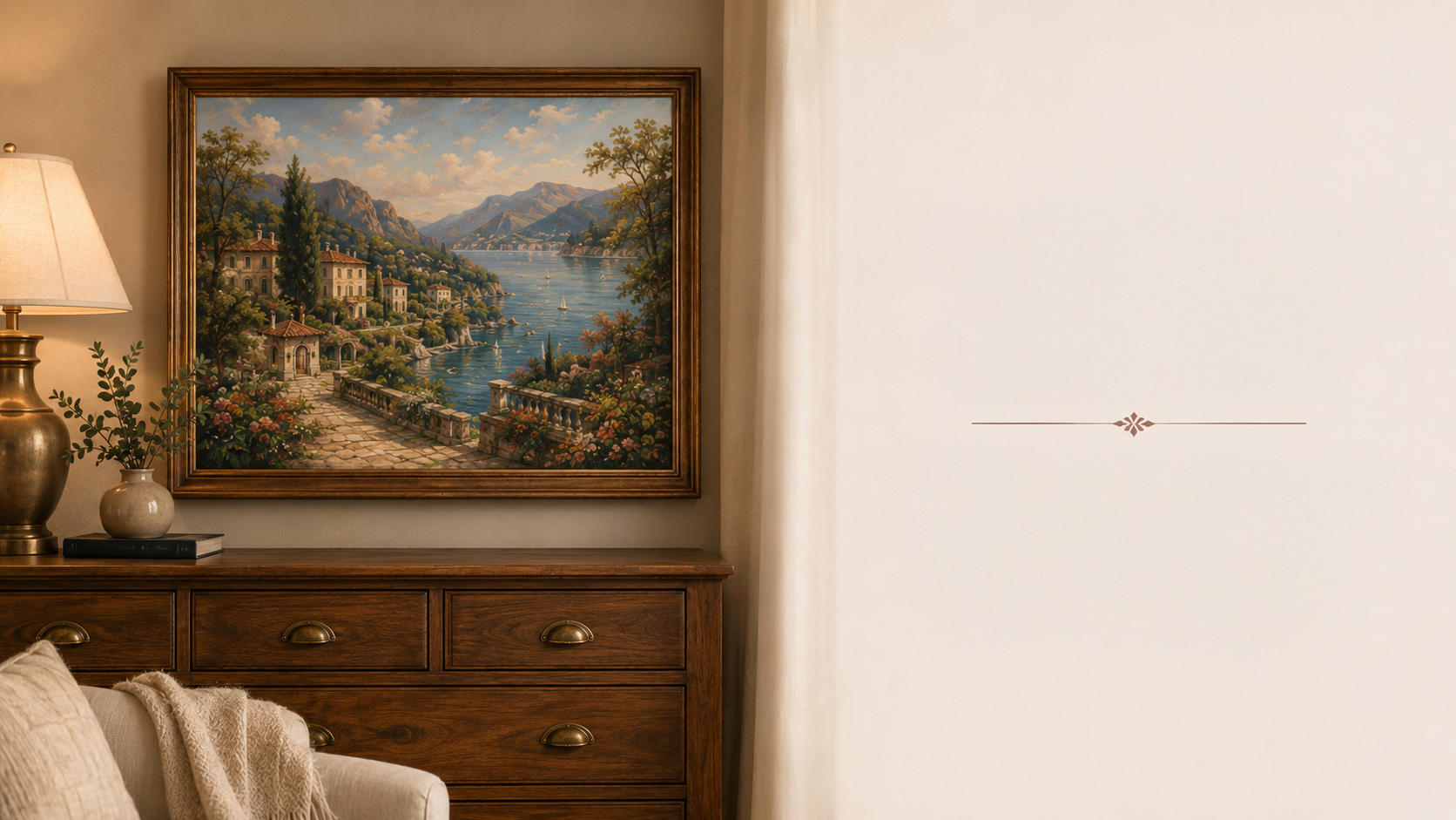 A living room corner with a wooden sideboard, two decorative vases, a lamp, and a framed landscape painting of a lakeside scene with mountains and sailboats.