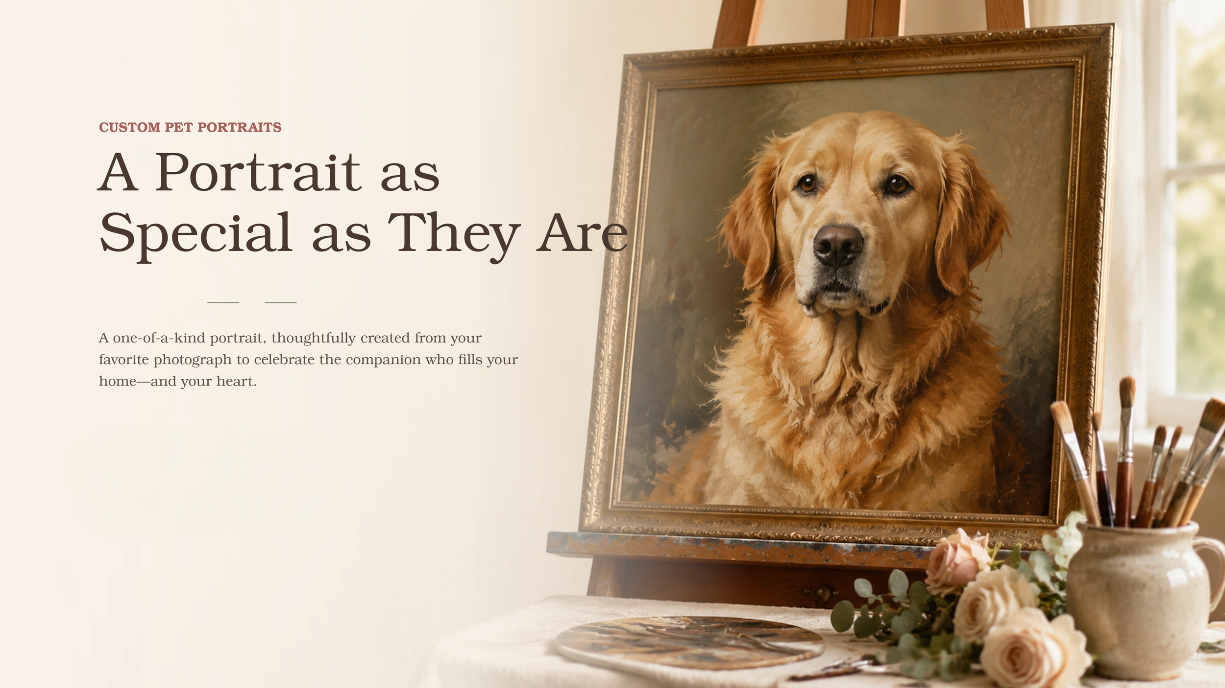 An artist's painting of a golden retriever's portrait in a gold frame, set on an easel, with paintbrushes nearby and flowers in a vase on a table.
