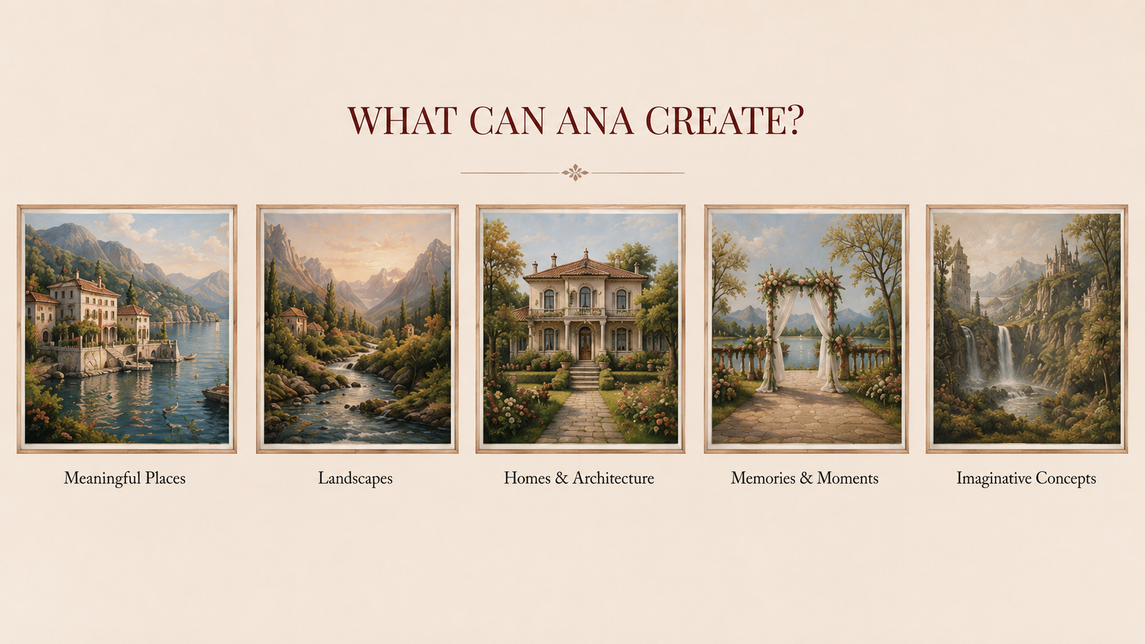 A display with five landscape paintings labeled "What can Ana create?" and categories: Meaningful Places, Landscapes, Homes & Architecture, Memories & Moments, Imaginative Concepts.