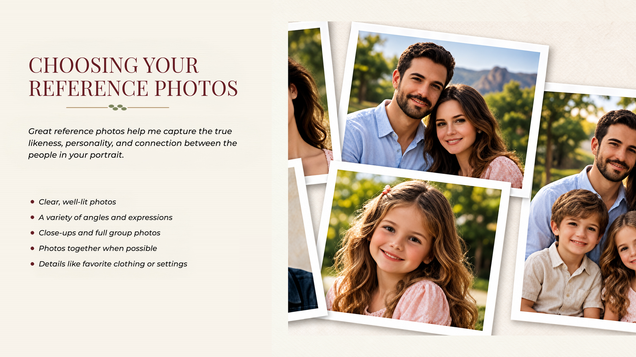 Collage of outdoor portrait photos of a family including a man, woman, two girls, and a boy, with background of trees, mountains, and blue sky.