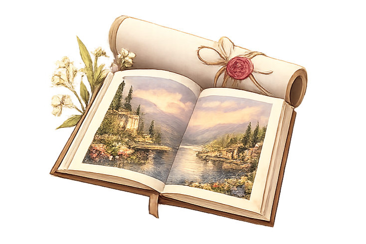 Open book with landscape painting, decorated with white flowers and a rolled paper tied with a twine bow and red wax seal.