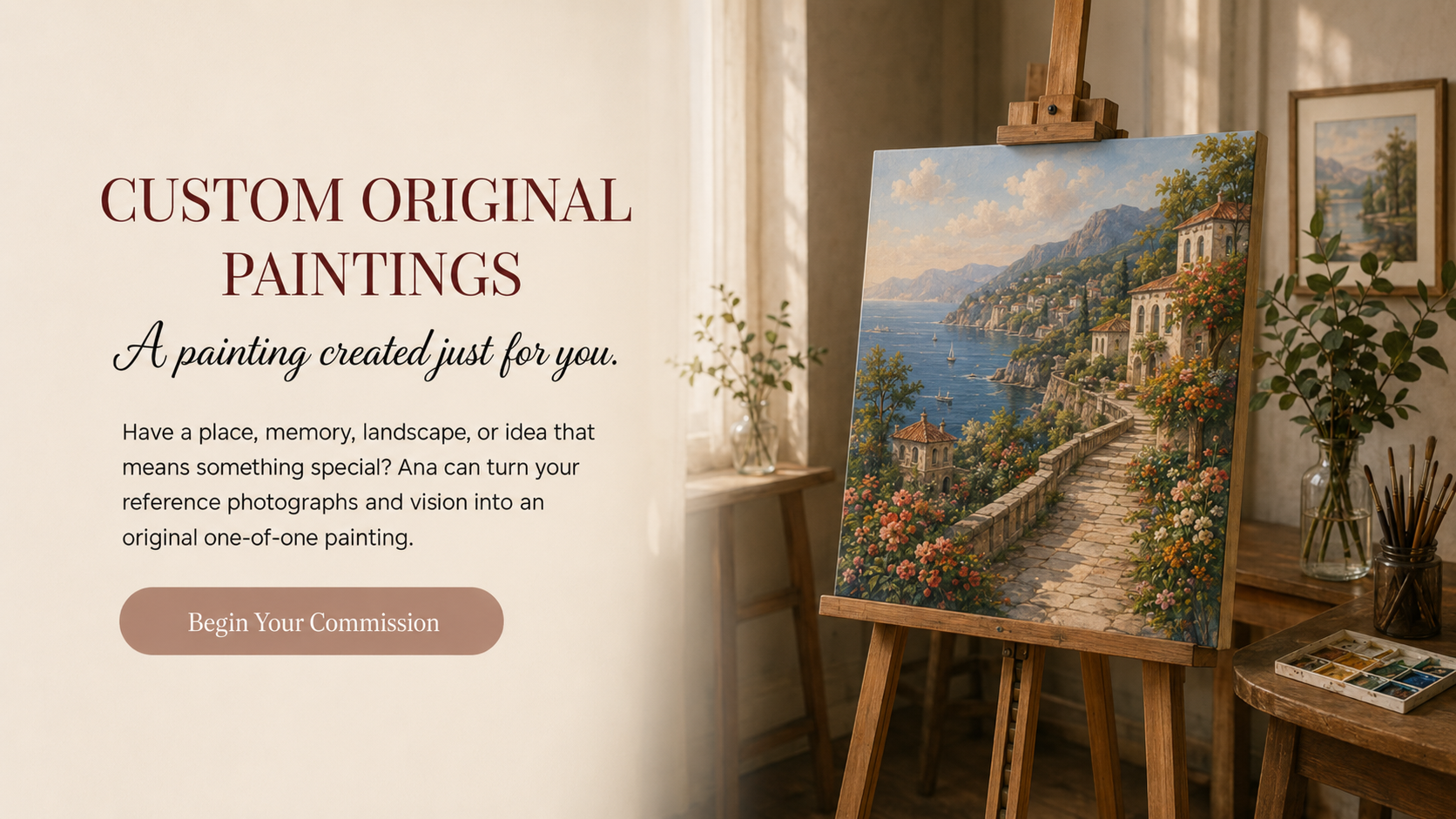 A promotional webpage for custom original paintings showing an easel with a landscape painting of a coastal scene, with many small boats on the water, and a path lined with flowers leading up to a hillside town. The room has natural light, with vases of flowers and painting supplies on tables in the background.