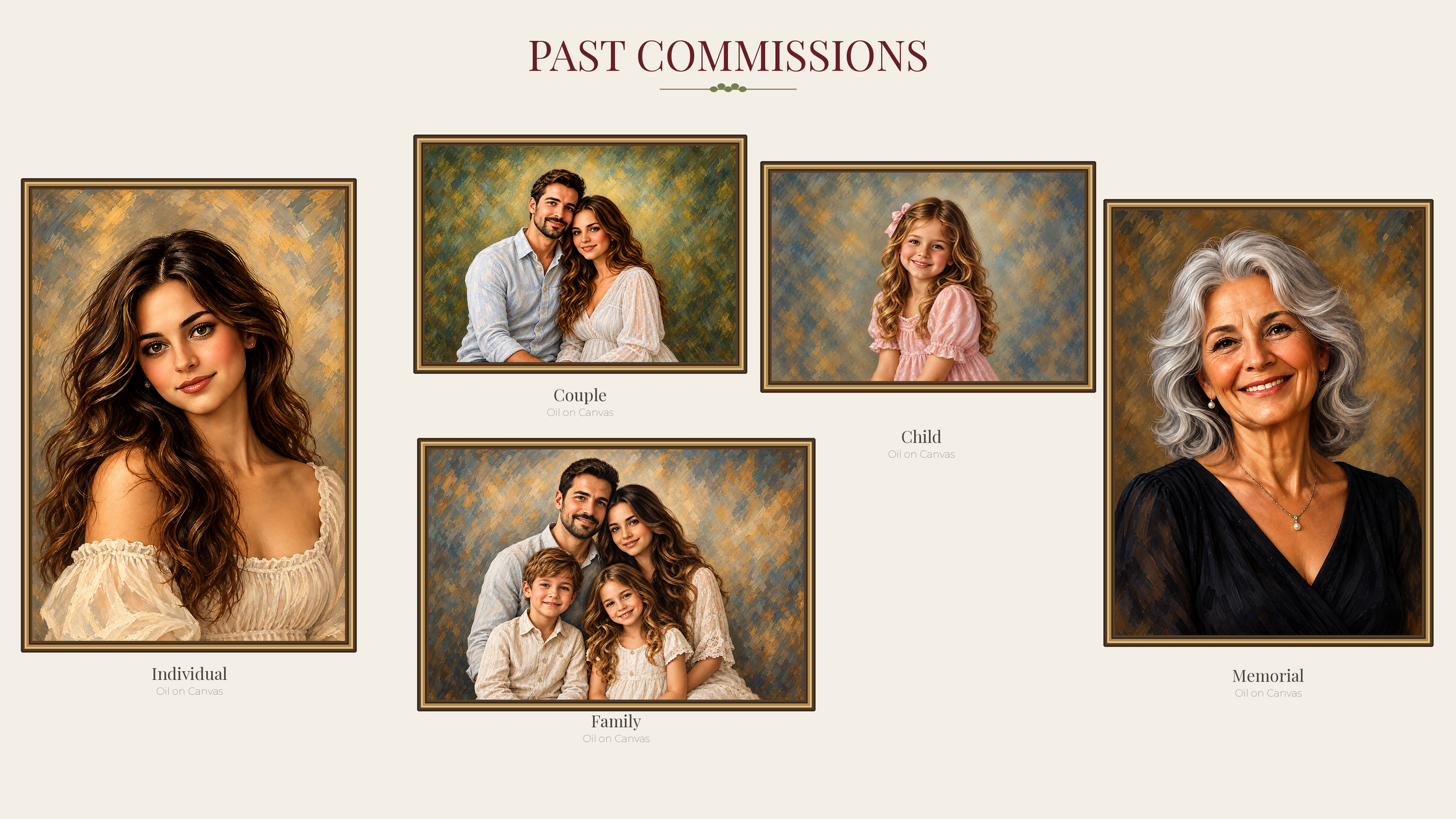 Collage of oil paintings of different family members, including individual woman, couple, child, family, and memorial portraits, with the caption 'Past Commissions'