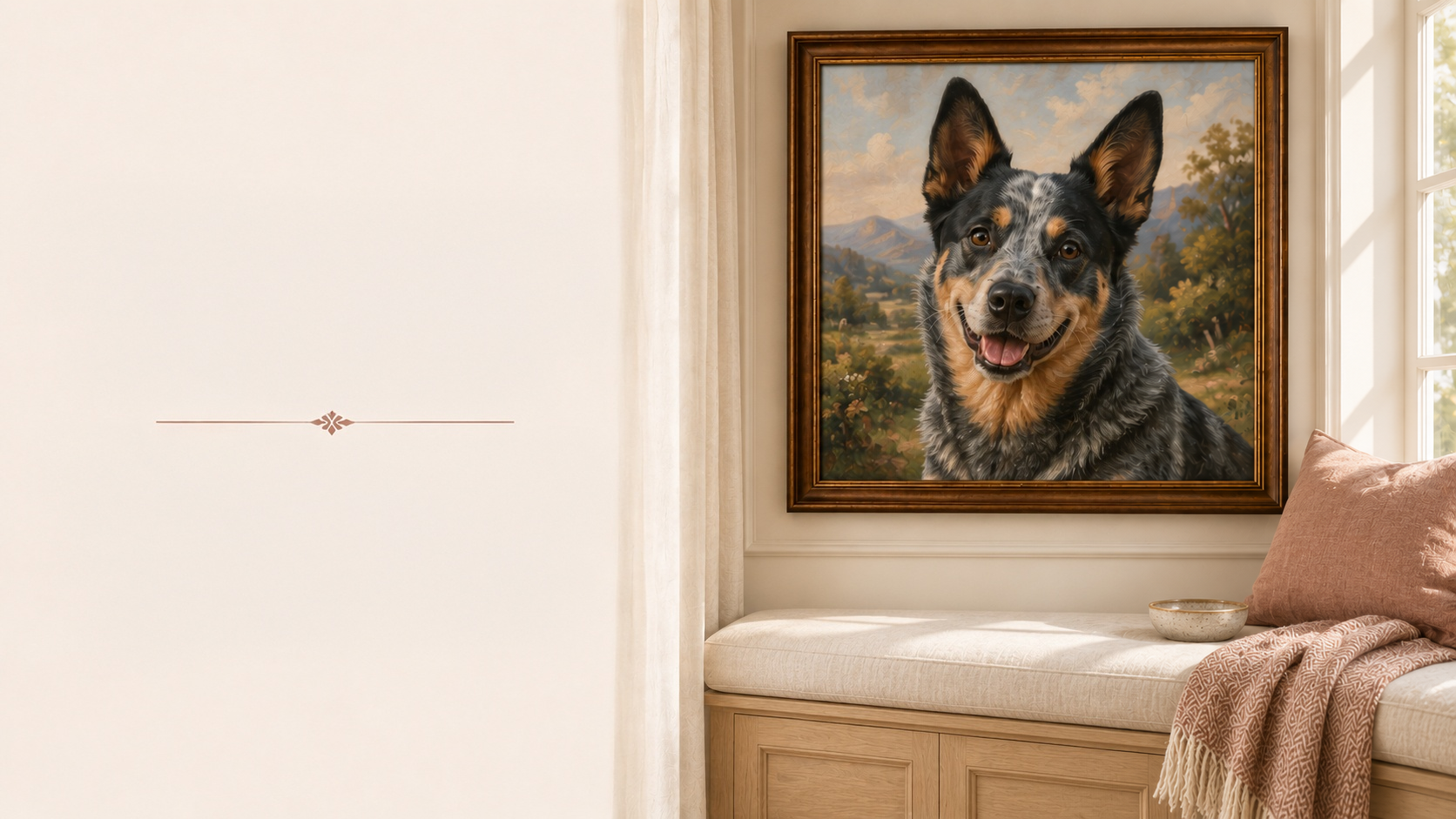 A framed painting of an Australian Shepherd dog hangs on a wall beside a window in a cozy room with a bench, a pillow, a blanket, and a small bowl.