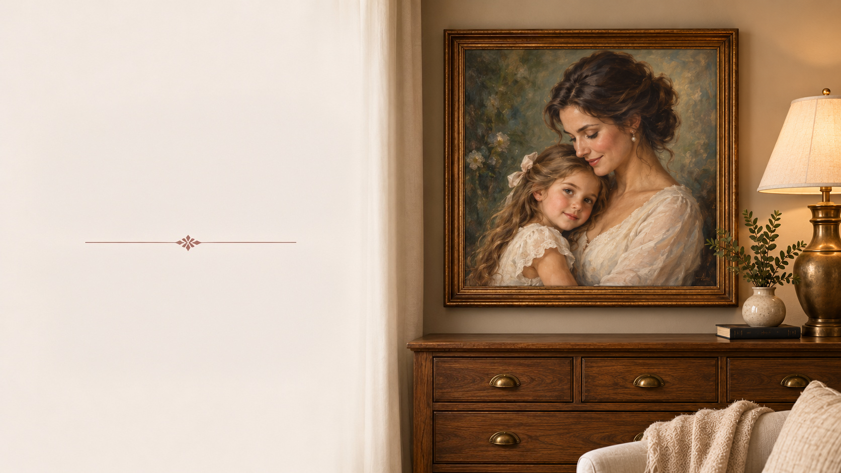 A framed painting of a woman and a young girl hugging hangs on a wall next to a wooden dresser with a brass lamp, a small vase with green foliage, and a book.