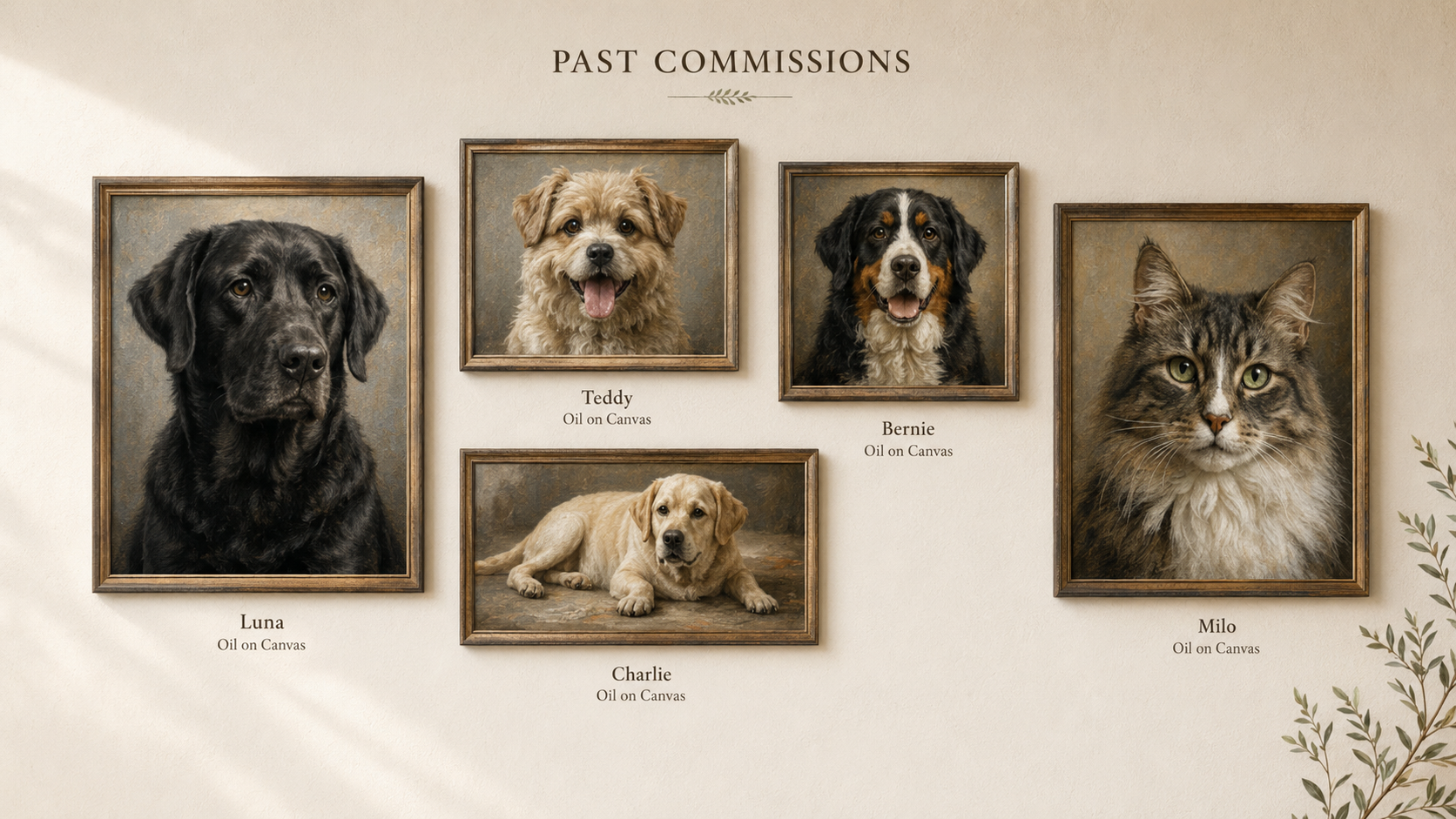 Photo of framed animal portraits on a wall titled 'Past Commissions'. The portraits include four animals: Luna, a black dog; Teddy, a small tan and white dog; Bernie, a large black, white, and brown dog; and Milo, a fluffy long-haired cat. Each portrait has a description indicating they are oil on canvas.