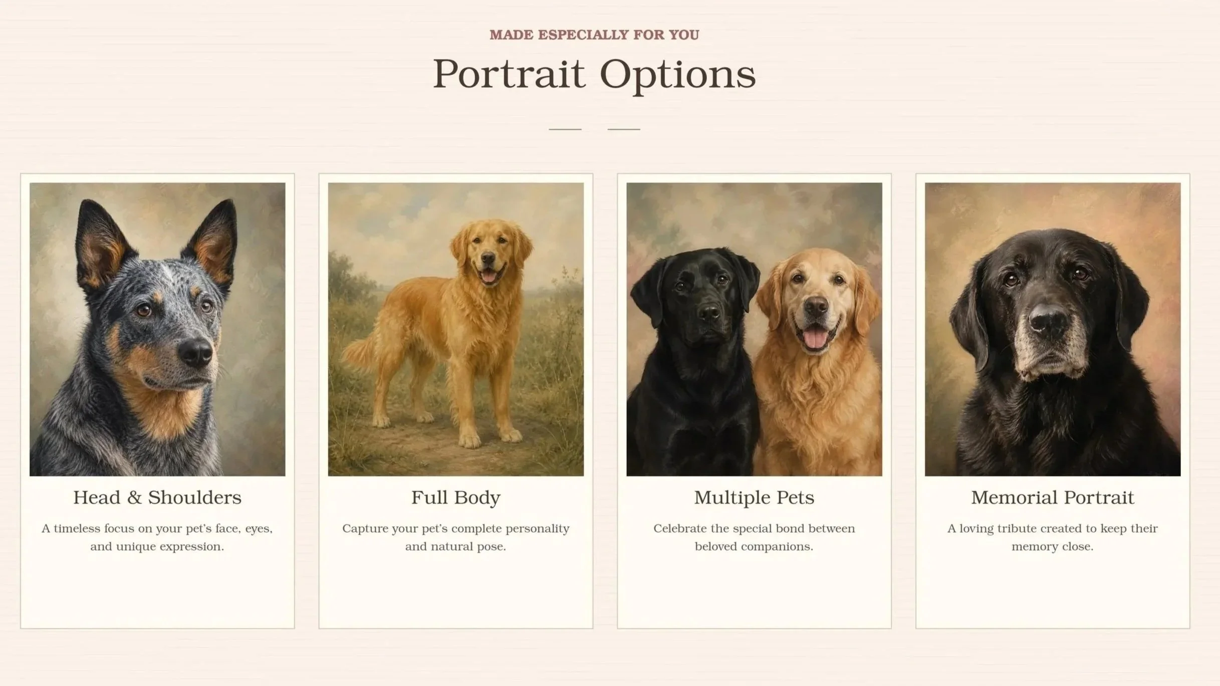A webpage titled 'Portrait Options' displaying four different types of pet portraits: head & shoulders, full body, multiple pets, and memorial portrait. Each section features a photo of dogs with descriptive text below.