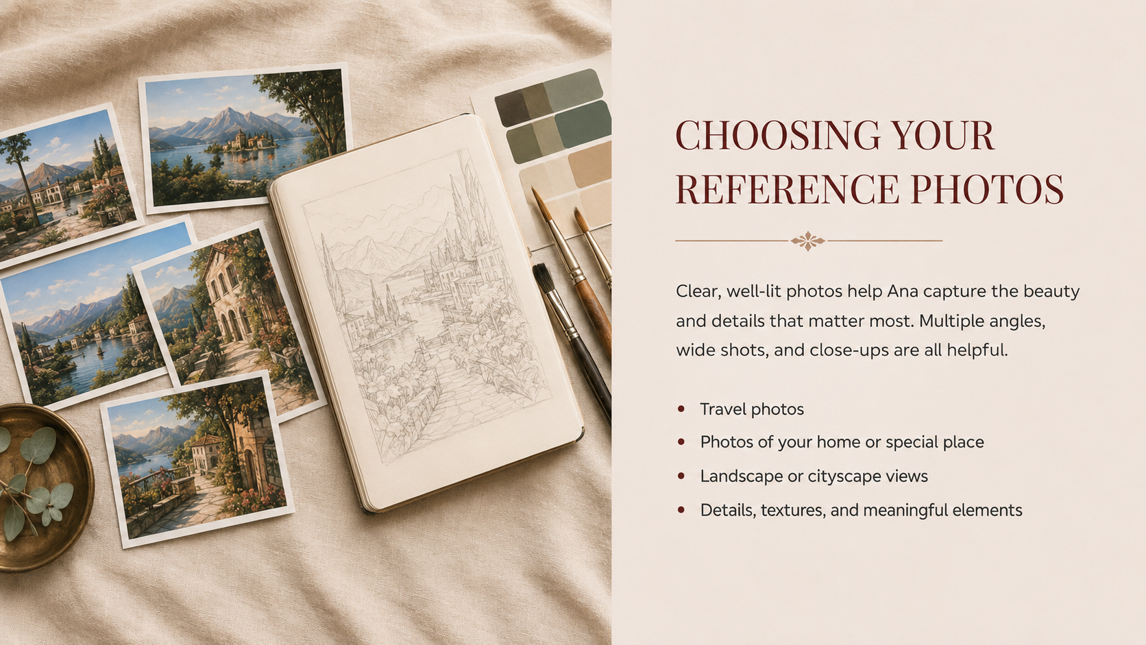 A layout with several travel photos of scenic landscapes and architecture laid out on a beige fabric surface, a sketchbook with a landscape drawing, a color palette, and some art brushes. To the right, there is text about choosing reference photos for art projects.