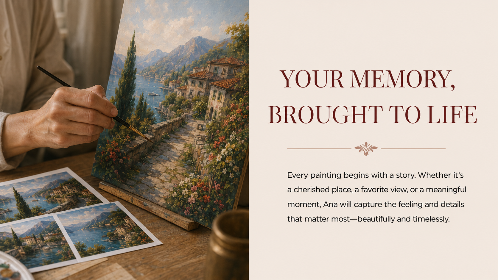 Artist painting a landscape scene of a lake, mountains, and houses, with printed reference photos on the table.
