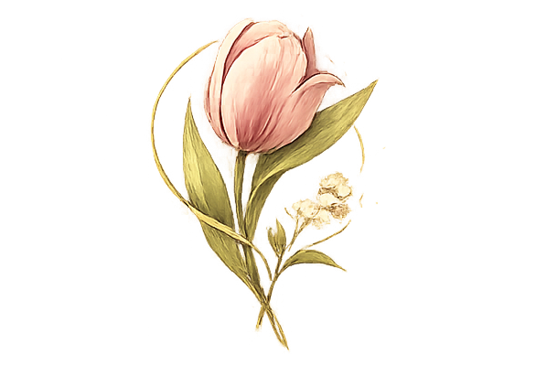 A pink tulip flower with green leaves and small white buds.