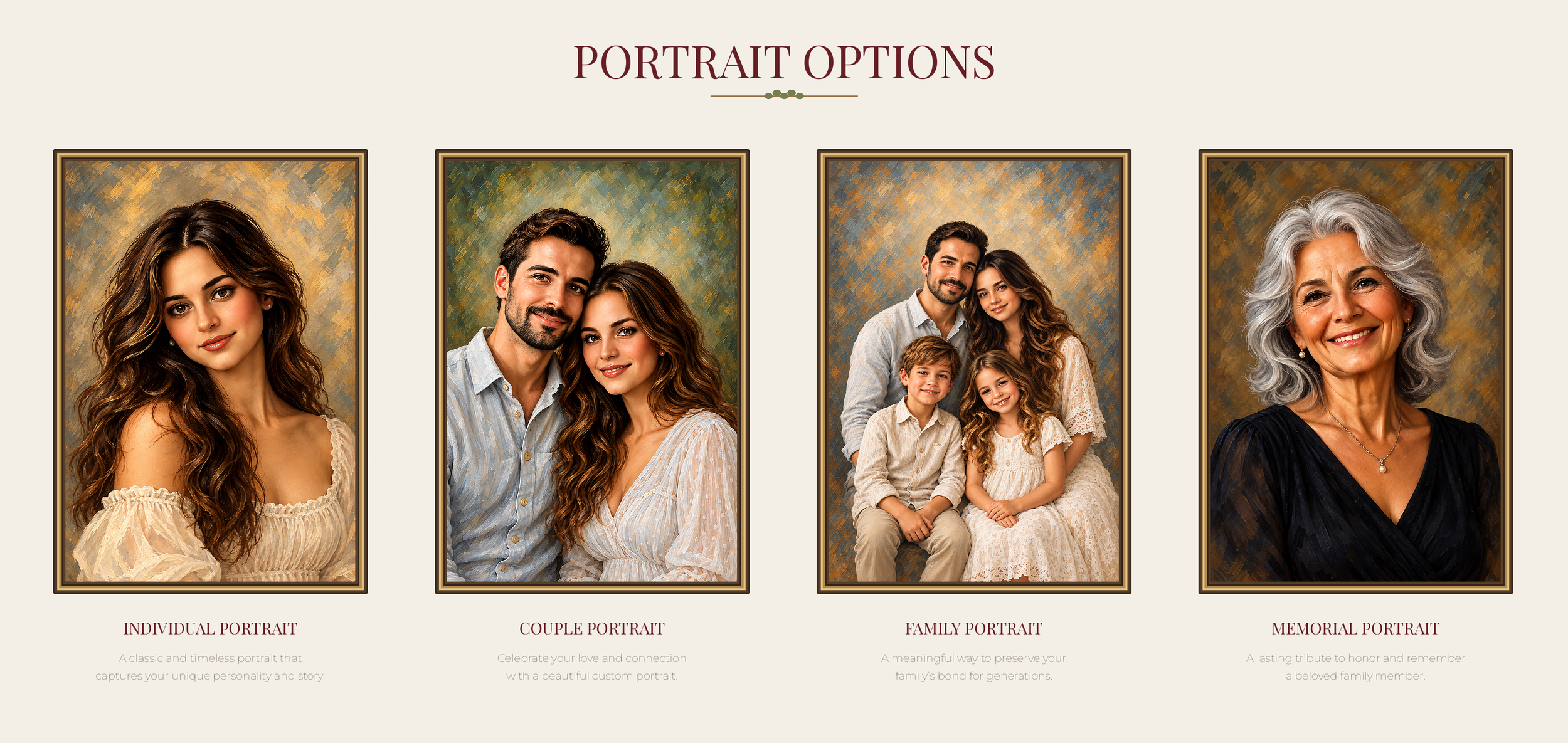 A digital display featuring four framed portraits labeled as individual portrait, couple portrait, family portrait, and memorial portrait, with descriptions below each.