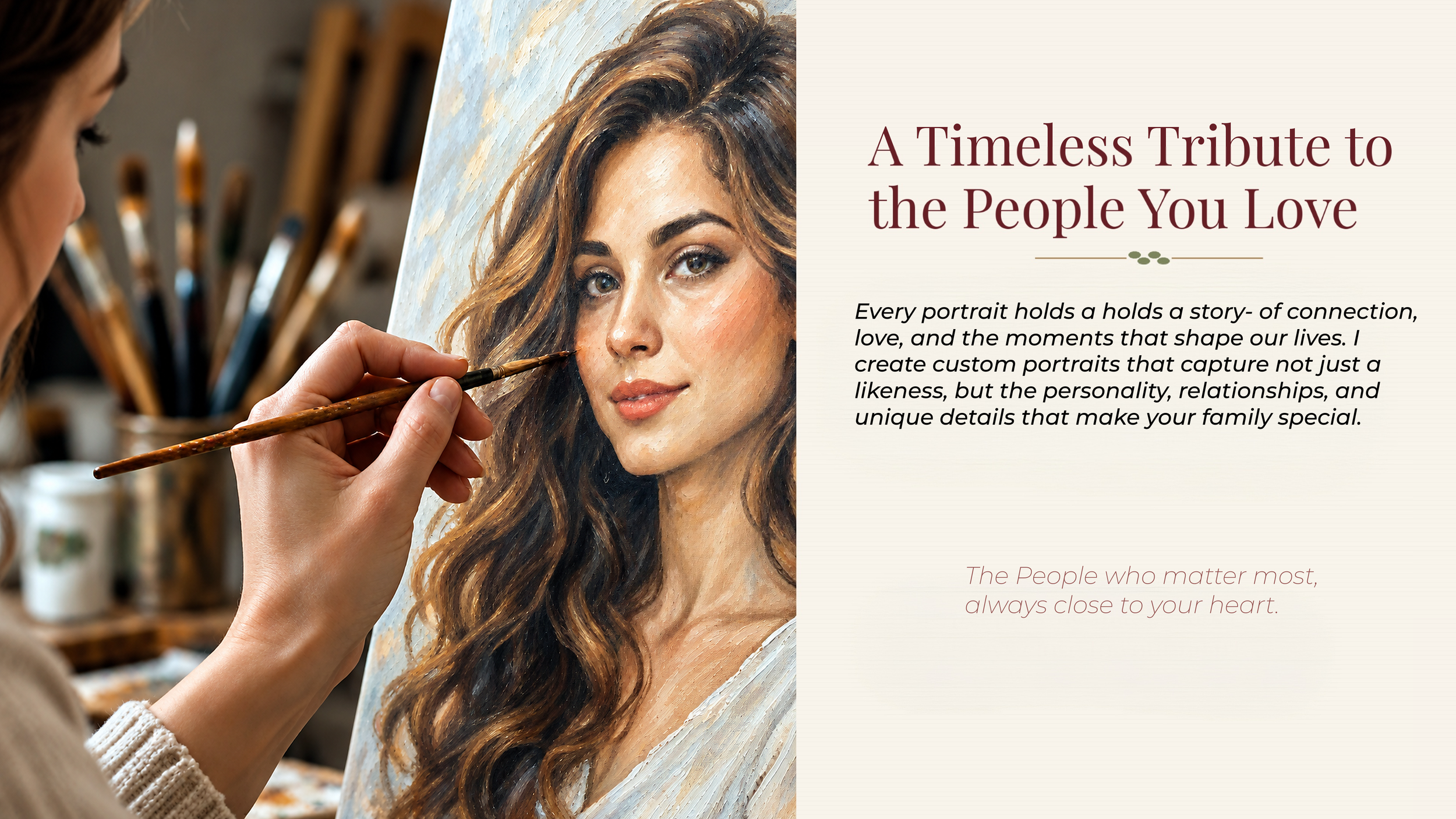 Artist painting a portrait of a woman with brown curly hair and blue eyes, using a fine brush.
