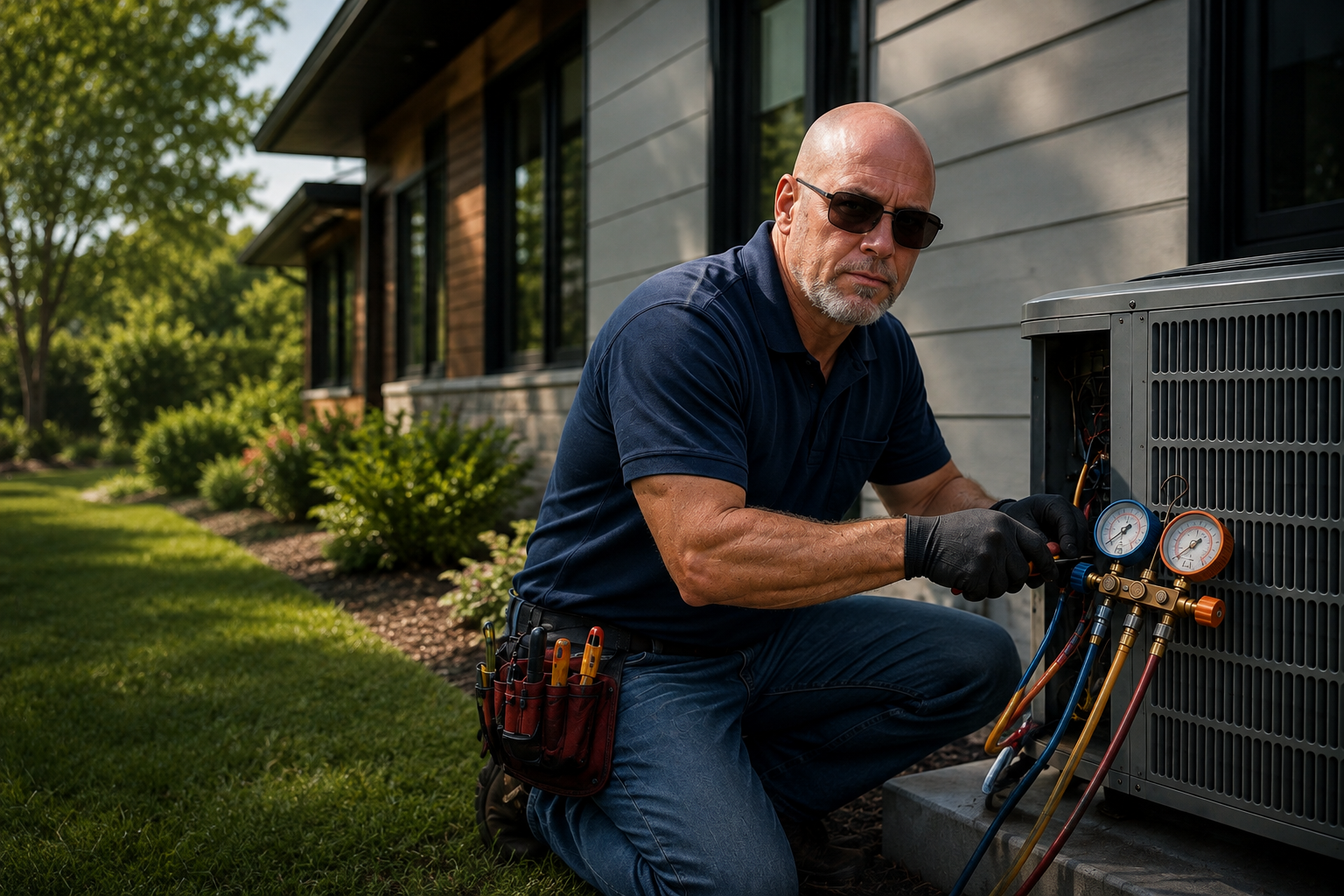 HVAC technician servicing a residential air conditioning system during a qualified HVAC repair appointment