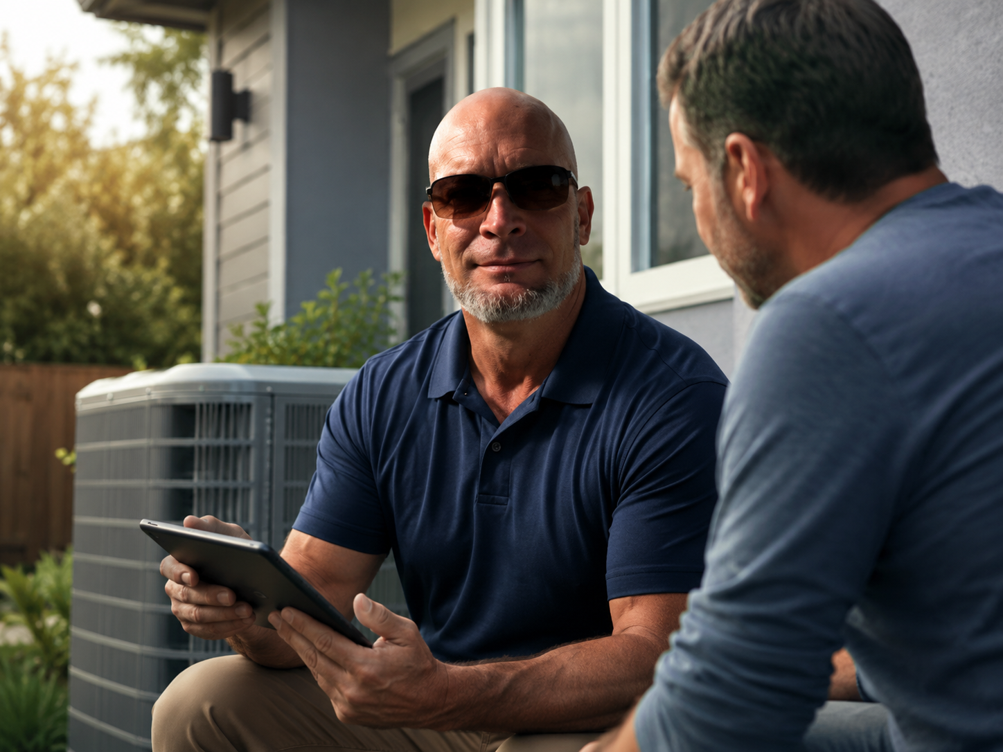 HVAC professional consulting with a property owner beside a residential air conditioning system during a scheduled HVAC appointment