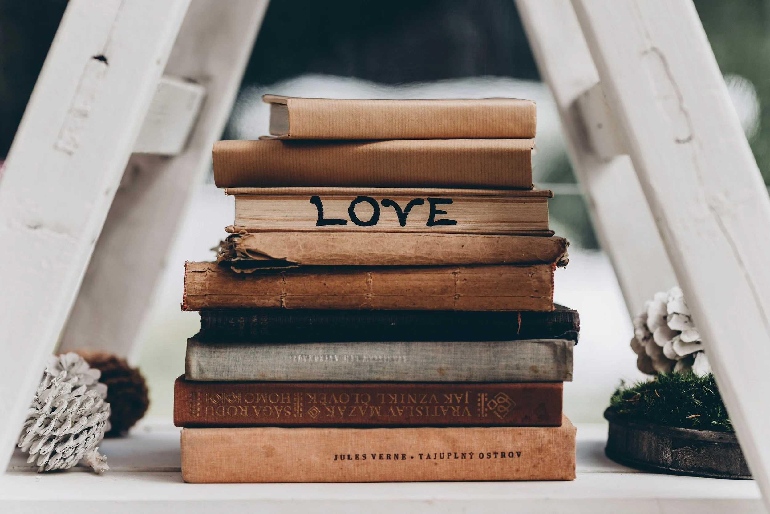 Stack of books under a white wooden shelf, with the word LOVE written on one of the books. The books vary in size and color, some with visible titles, and are flanked by decorative elements like cotton plants and potted plants.