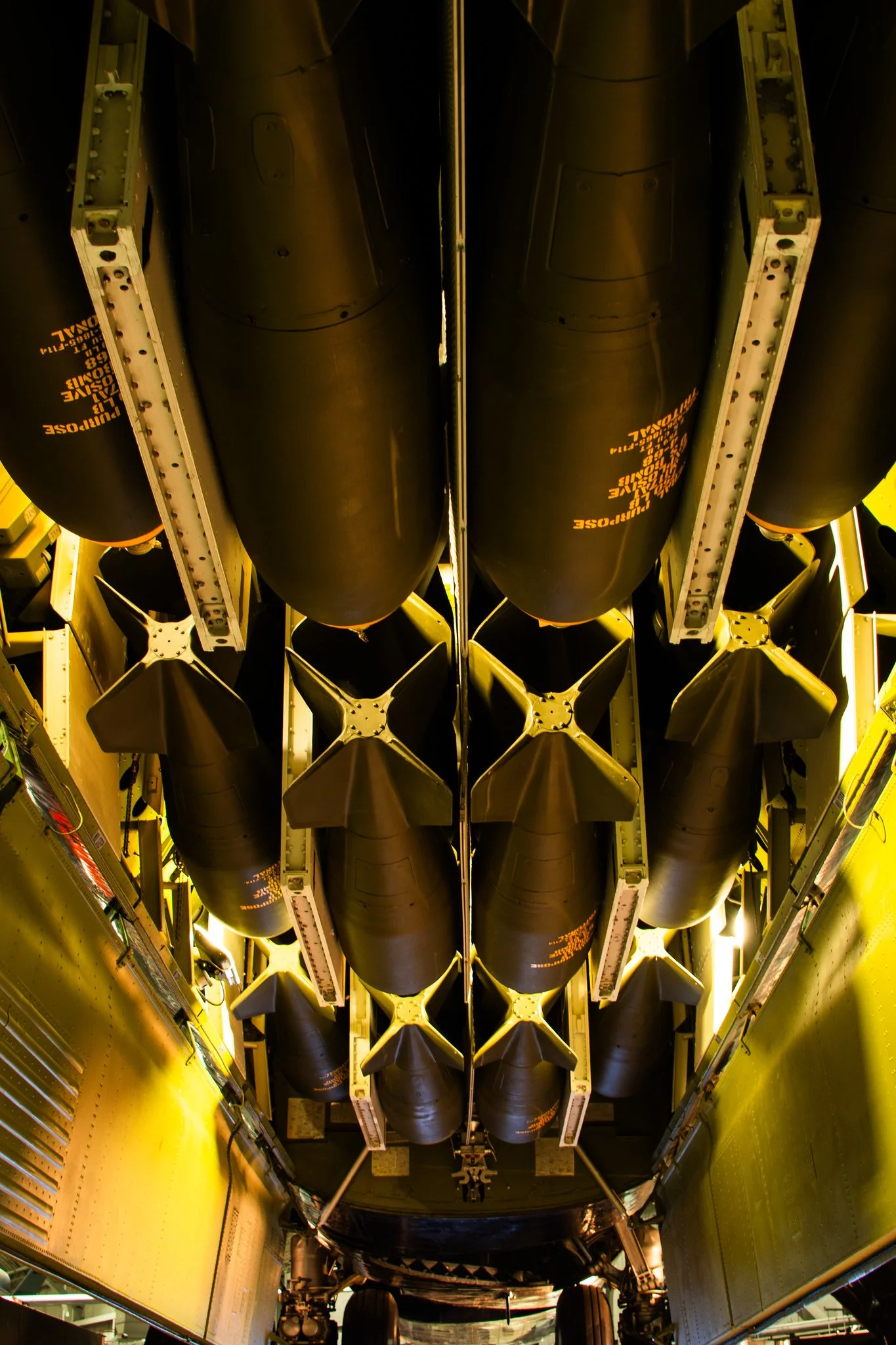 Inside view of a missile with multiple warheads arranged in a grid.