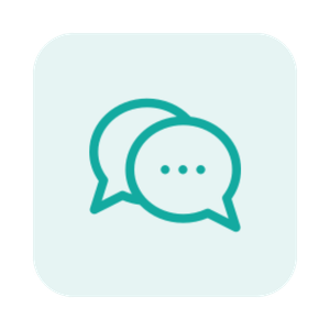 Two overlapping teal chat bubbles, one with three dots indicating a message or conversation.