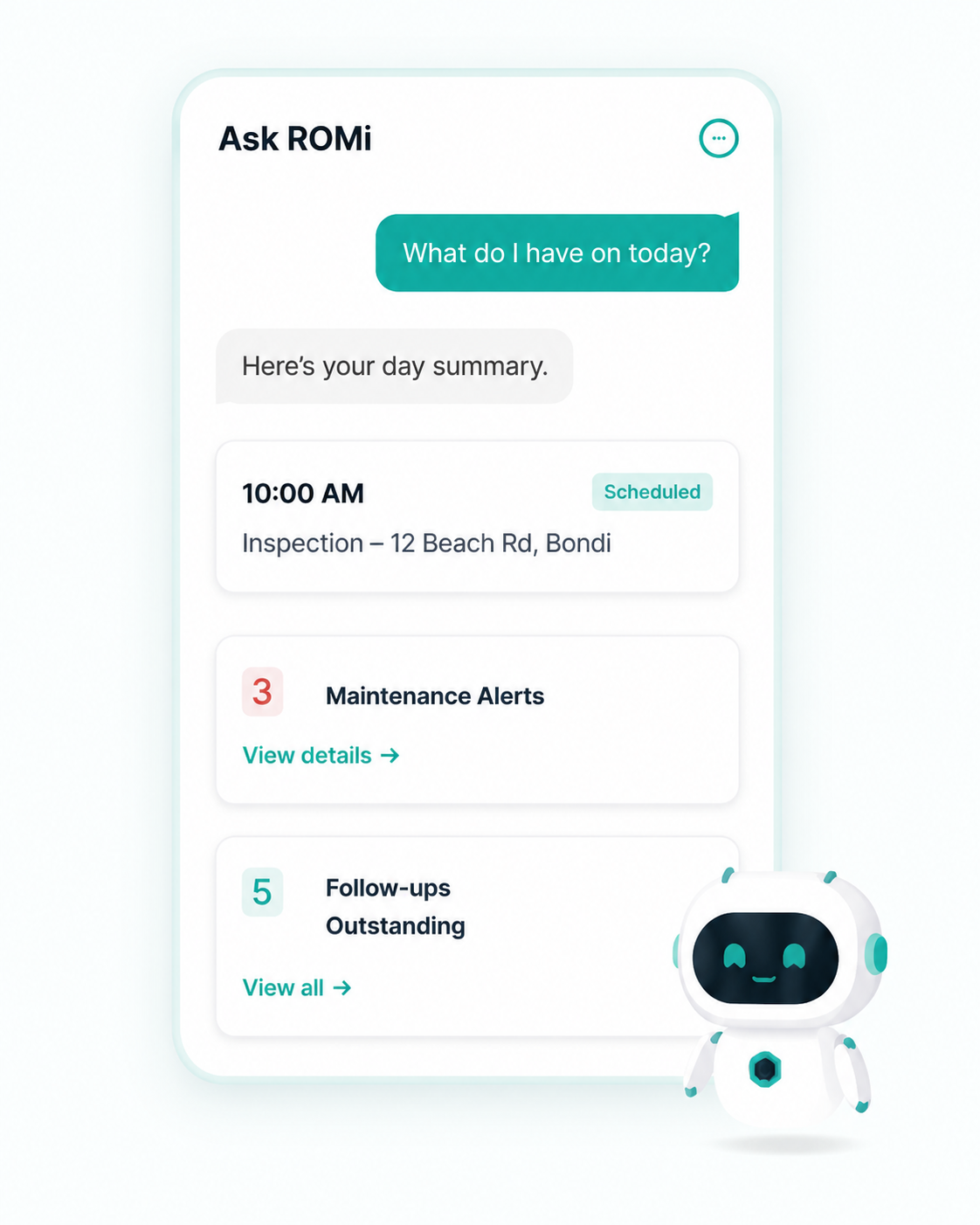 A smartphone screen displaying a virtual assistant app called ROMi with a chatbot conversation, scheduled appointments, maintenance alerts, and follow-up notifications, accompanied by a small robot mascot in the lower right corner.