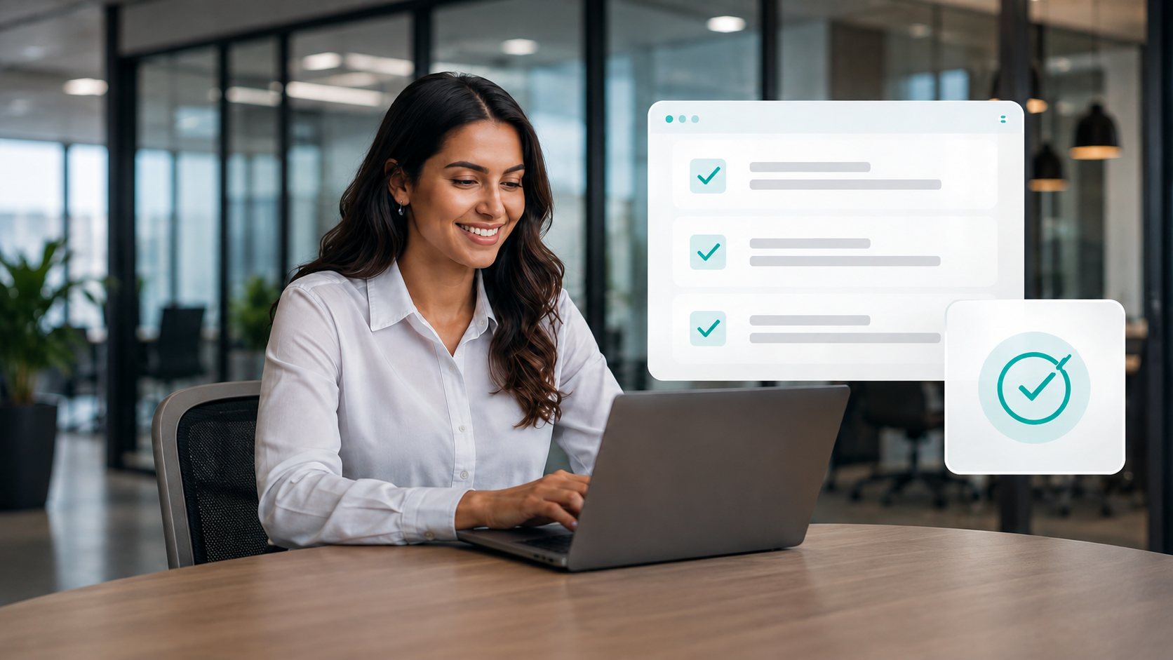 A smiling woman working at a laptop in an office, with digital checklists and completion icons superimposed.