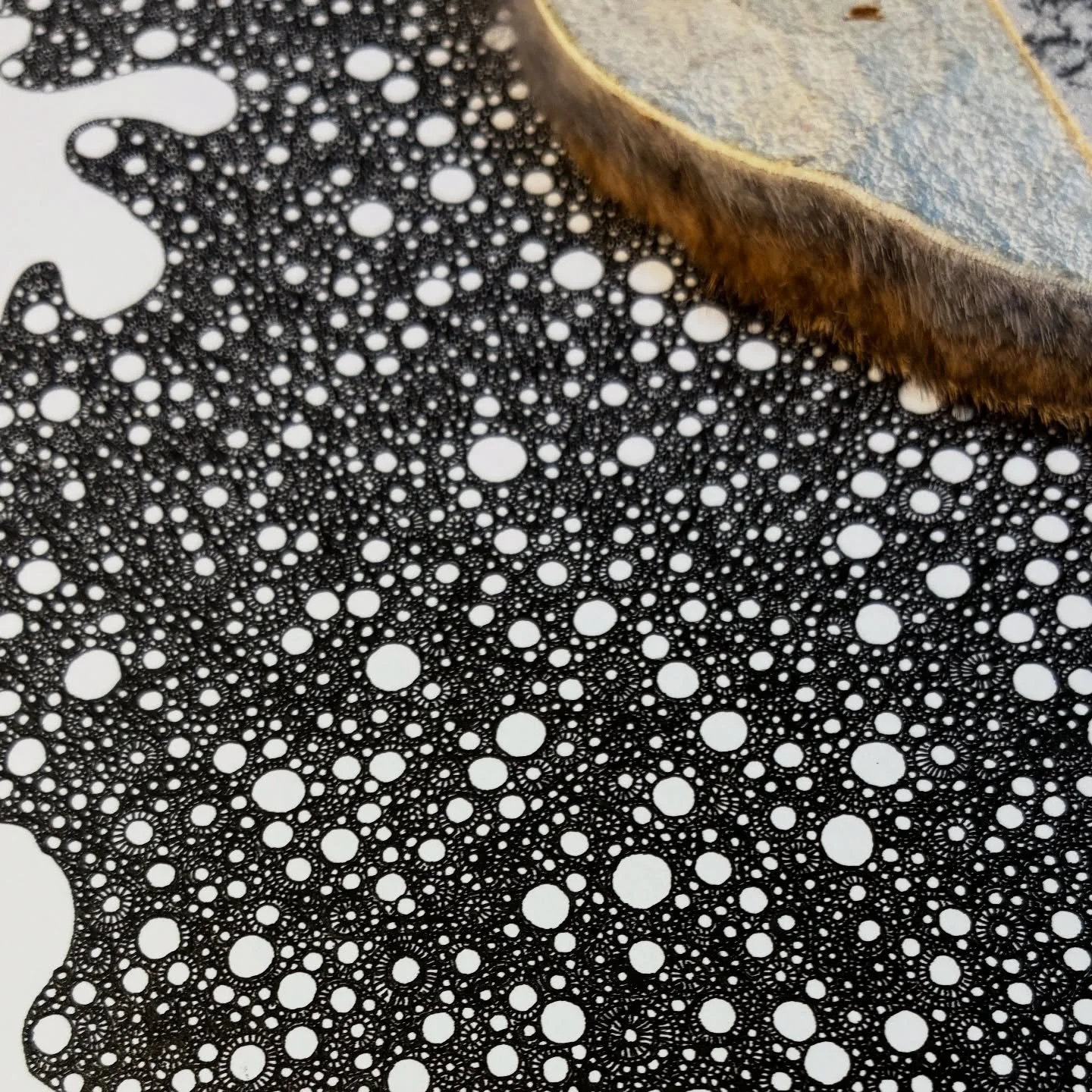 Macro close-up detail of dense black ink accumulation and intricate cellular stippling textures in a minimal process work by artist Abdushakur.