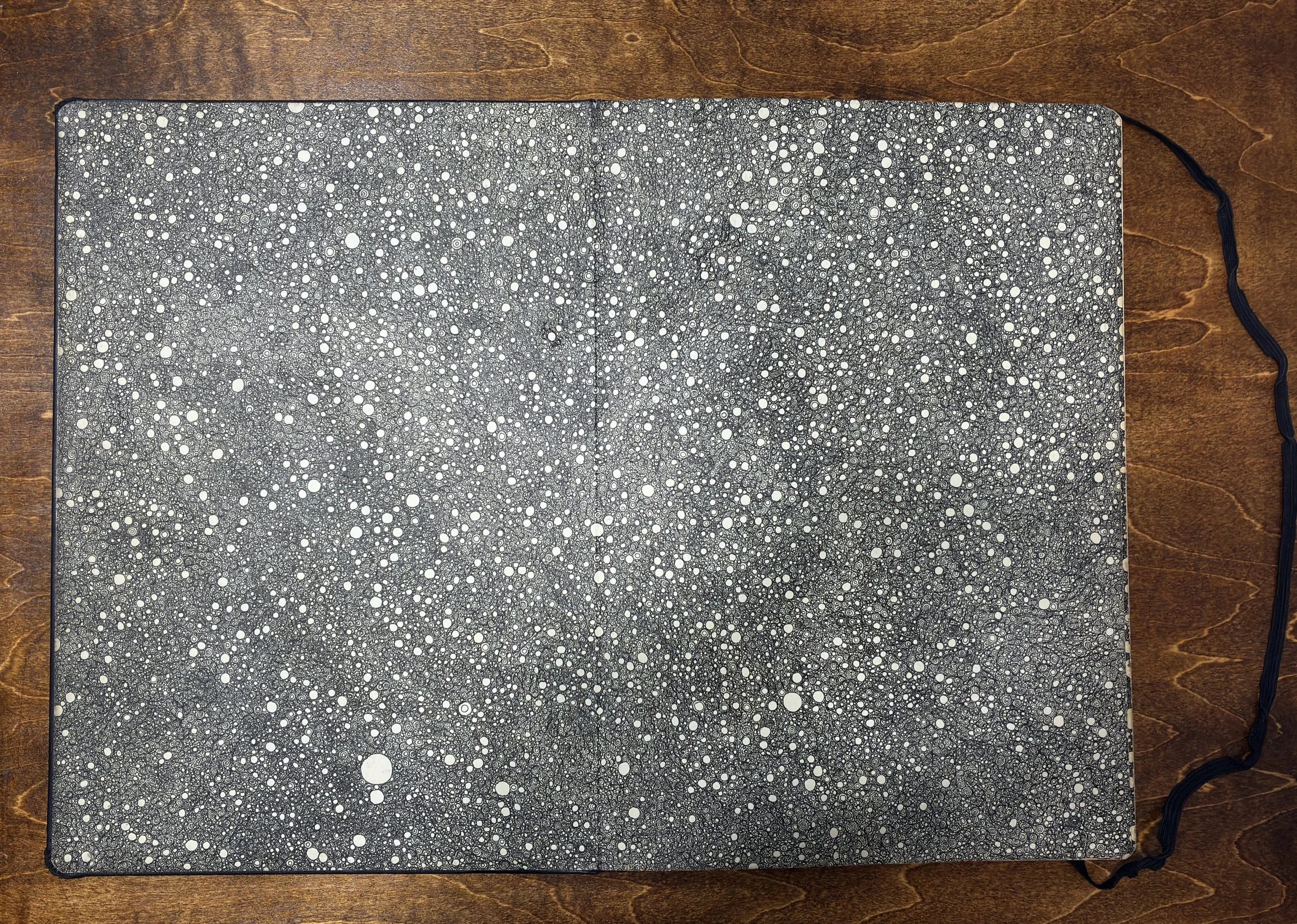 Kitāb al-Ṣabr, pages 1–2 (inside front cover and first page). Dense continuous accumulation of small marks in pen and ink on black ground. A4 Moleskine sketchbook, 2011–2012.