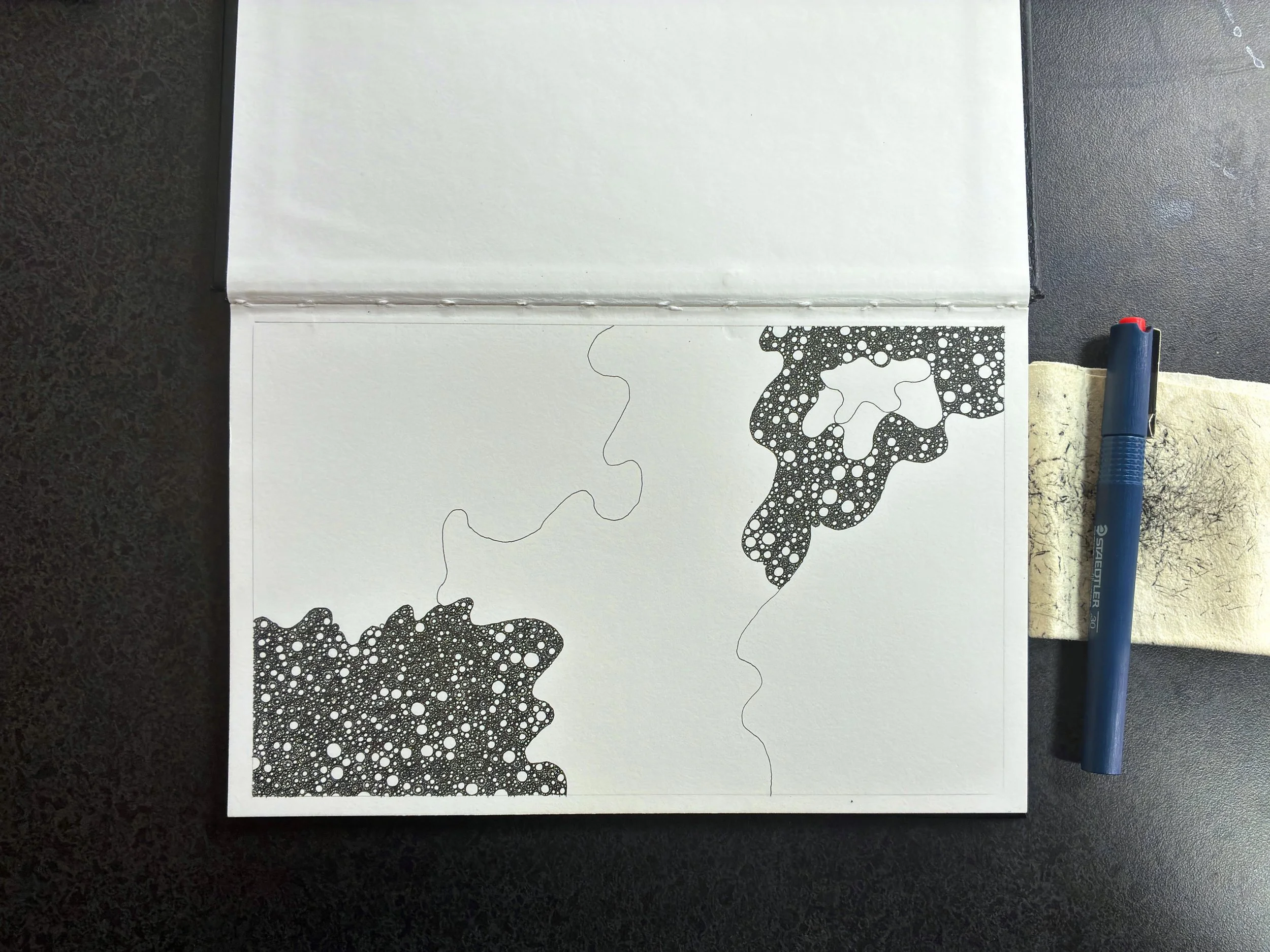 Work in progress, page 1 of 26 from the field book Safinat al-Sabr. Technical pen on paper, page 14.0 × 21.6 cm, ink field 12.7 × 20.3 cm. 506 minutes of continuous accumulation under procedural constraint. Executed while abroad and away from the stu