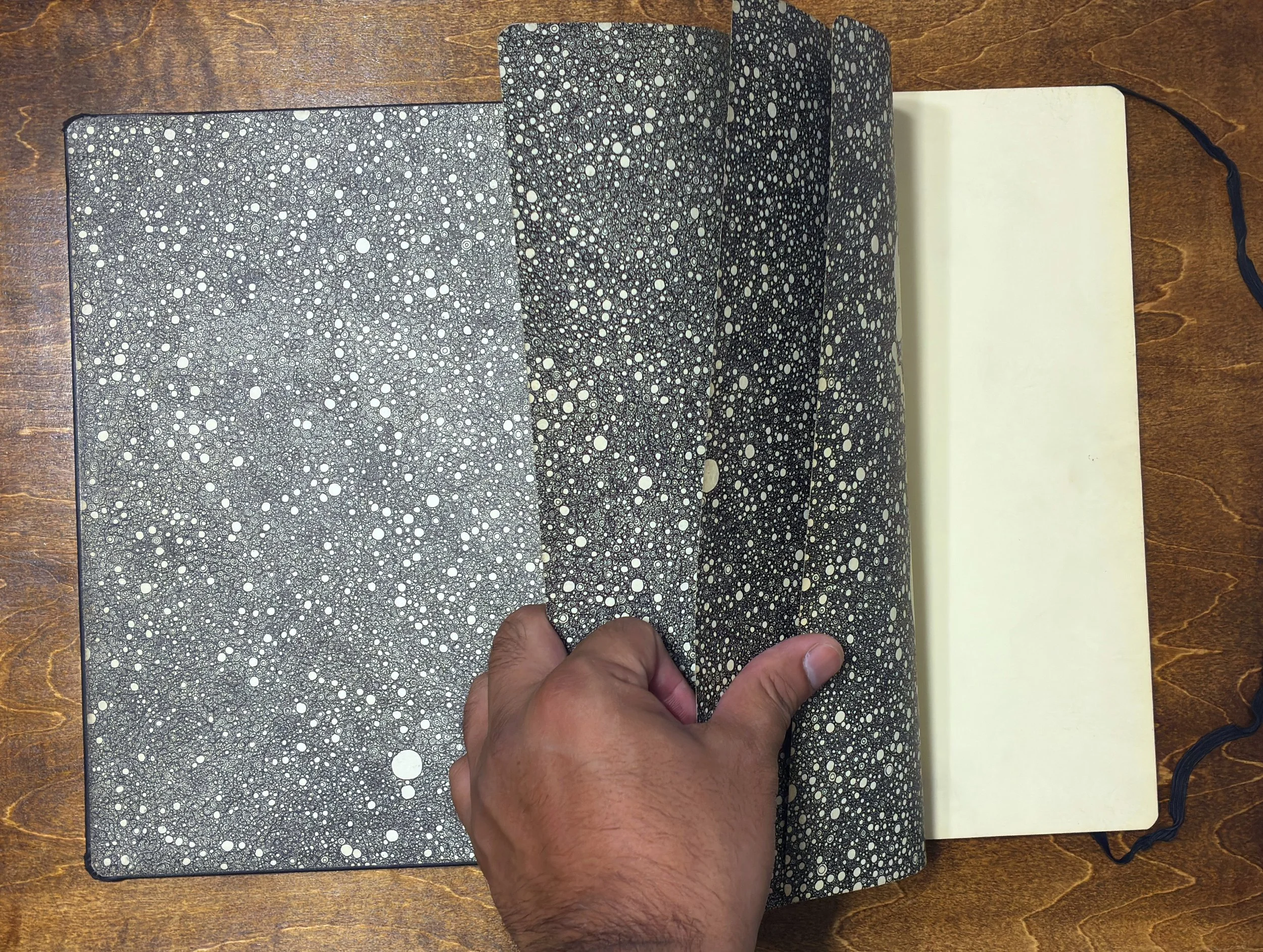 Kitāb al-Ṣabr, multiple pages. The artist's hand turning successive sheets of the A4 Moleskine sketchbook to show continuous dense accumulation of small marks in pen and ink on black ground across different pages. A4 Moleskine sketchbook, 2011–2012.