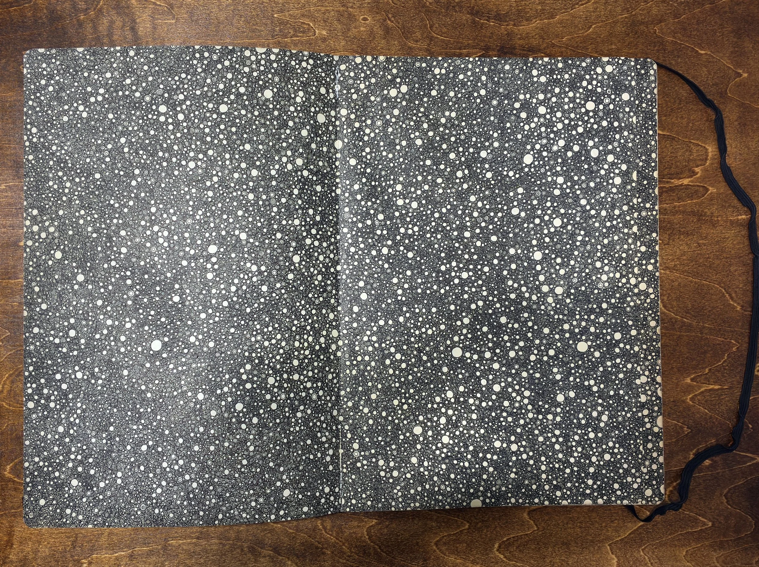 Kitāb al-Ṣabr, pages 3–4. Dense continuous accumulation of small marks in pen and ink on black ground. A4 Moleskine sketchbook, 2011–2012.